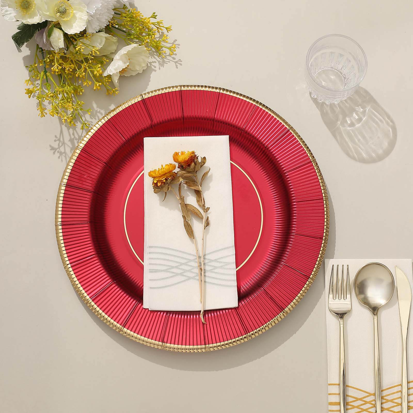 25-Pack Disposable Round Charger Plates 13" Burgundy Sunray Design with Gold Rim - 350GSM Heavy Duty Paper Placemats - Image 13