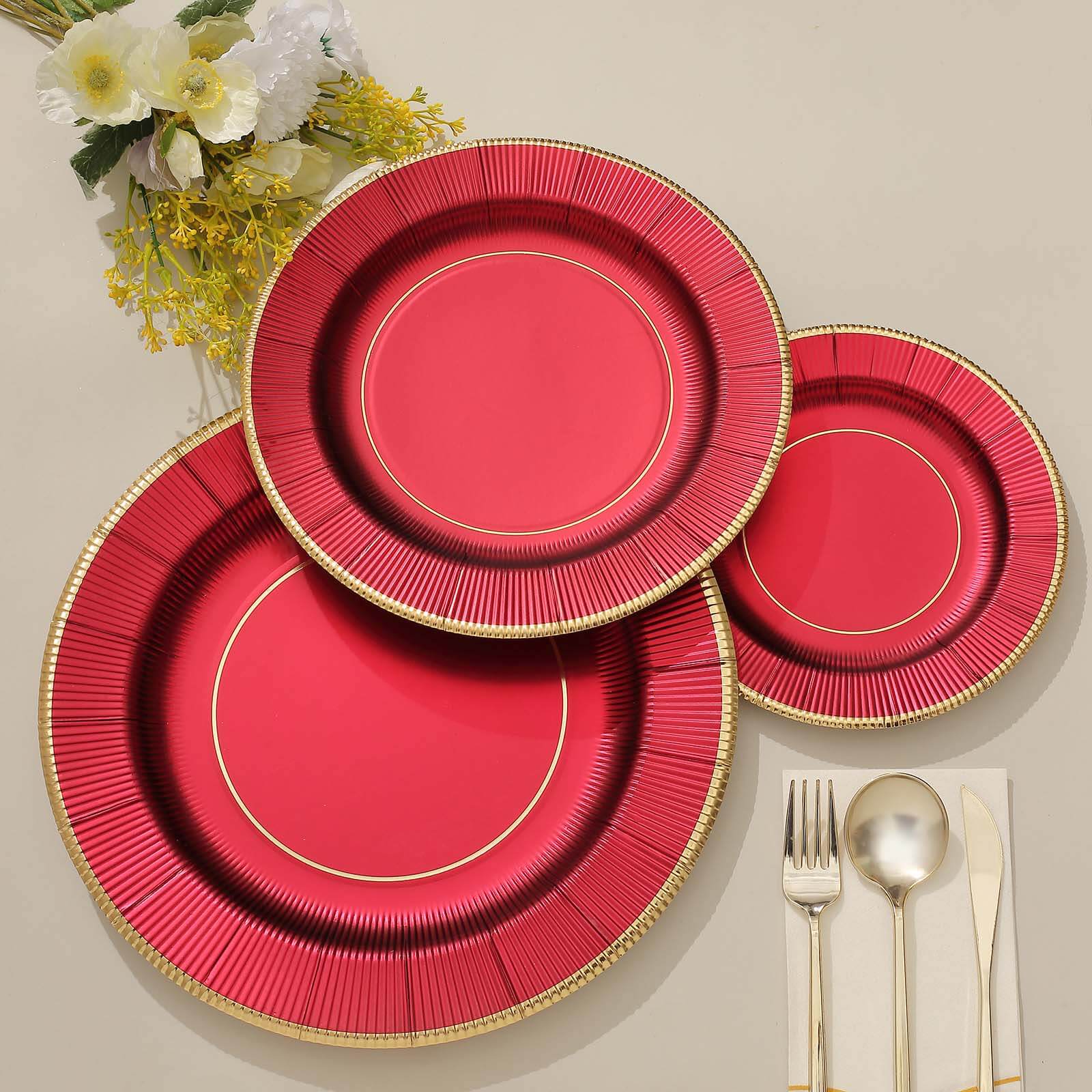25-Pack Disposable Round Charger Plates 13" Burgundy Sunray Design with Gold Rim - 350GSM Heavy Duty Paper Placemats - Image 14