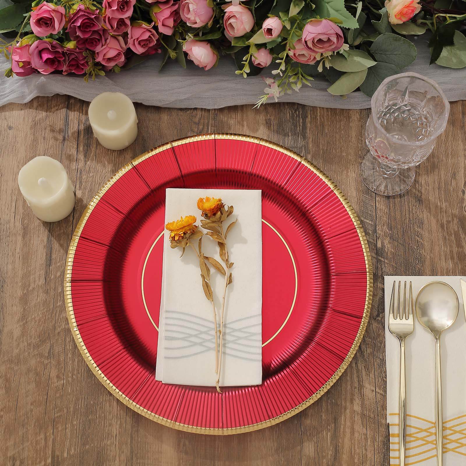 25-Pack Disposable Round Charger Plates 13" Burgundy Sunray Design with Gold Rim - 350GSM Heavy Duty Paper Placemats - Image 2