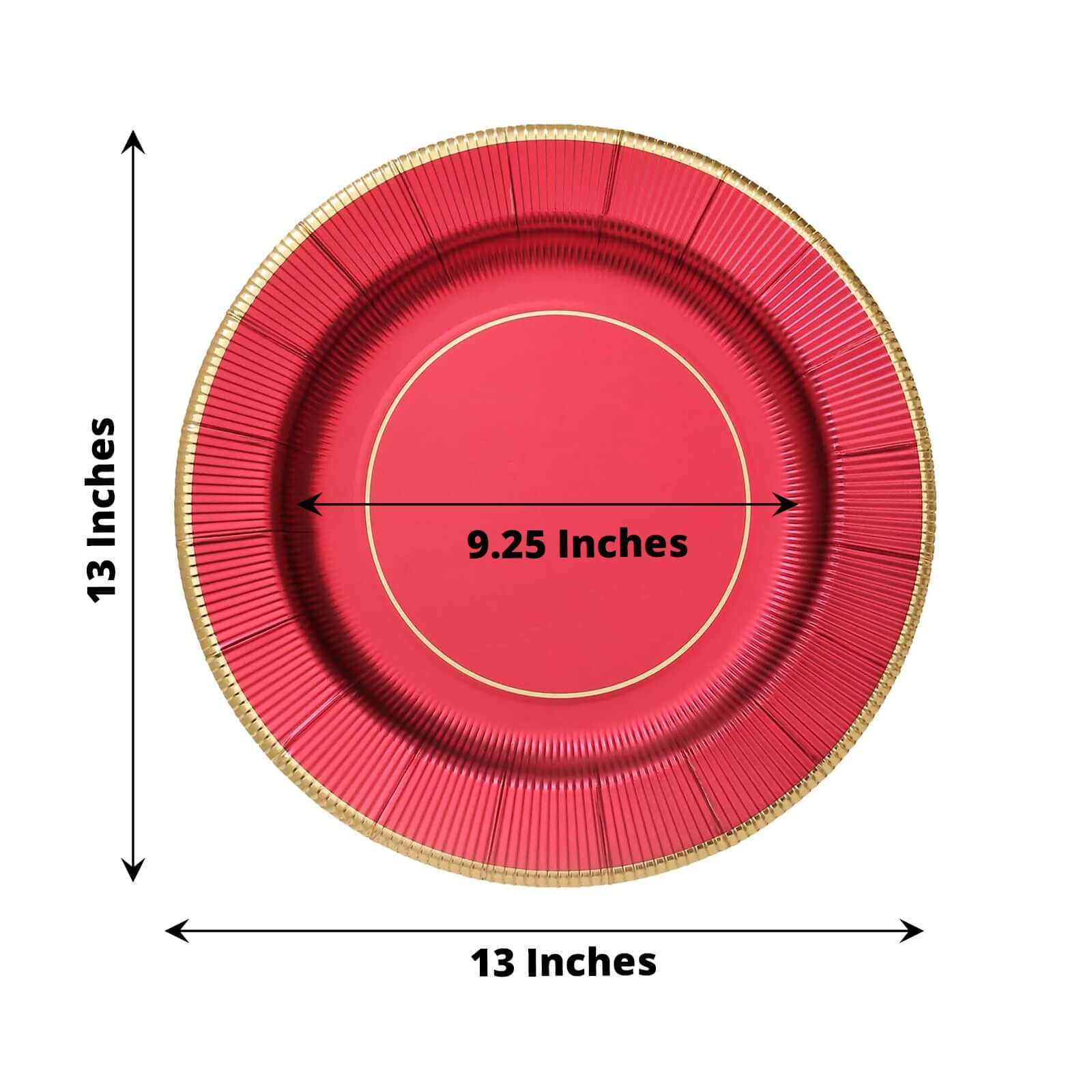 25-Pack Disposable Round Charger Plates 13" Burgundy Sunray Design with Gold Rim - 350GSM Heavy Duty Paper Placemats - Image 3