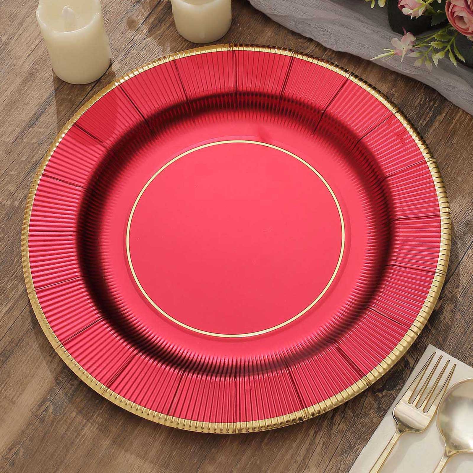 25-Pack Disposable Round Charger Plates 13" Burgundy Sunray Design with Gold Rim - 350GSM Heavy Duty Paper Placemats - Image 6