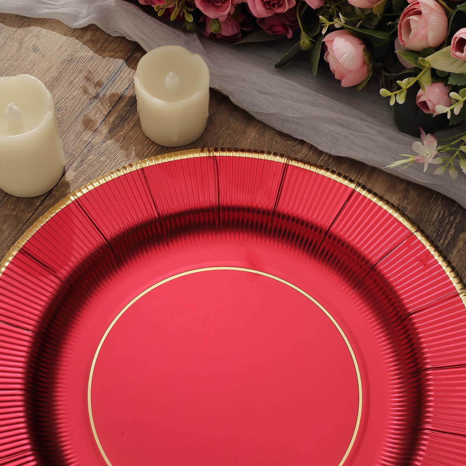 25-Pack Disposable Round Charger Plates 13" Burgundy Sunray Design with Gold Rim - 350GSM Heavy Duty Paper Placemats - Image 8