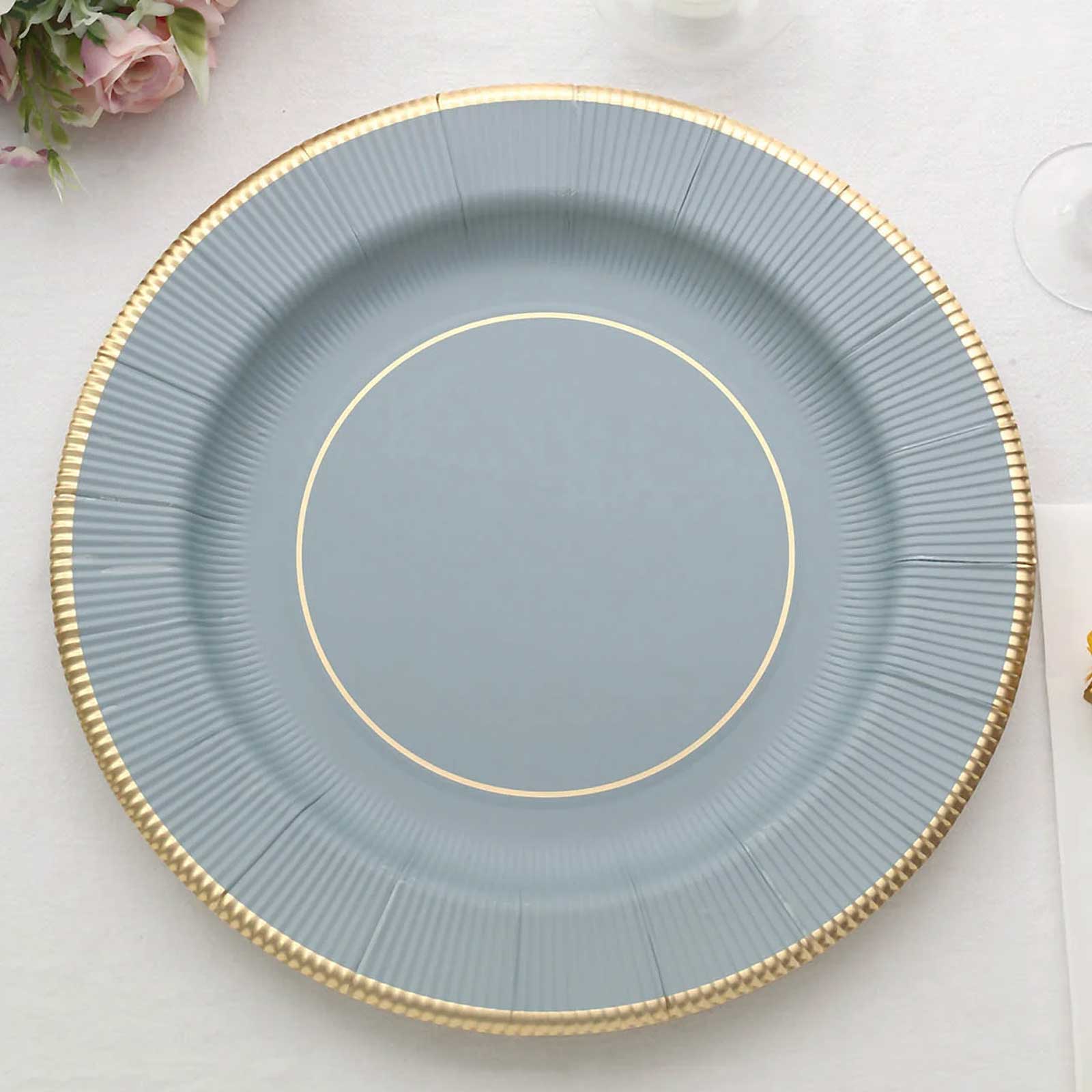 25-Pack Disposable Round Charger Plates 13" Dusty Blue Sunray Design with Gold Rim - 350GSM Heavy Duty Paper Placemats