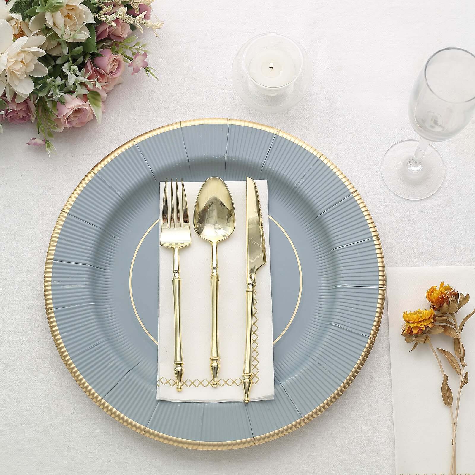25-Pack Disposable Round Charger Plates 13" Dusty Blue Sunray Design with Gold Rim - 350GSM Heavy Duty Paper Placemats - Image 2