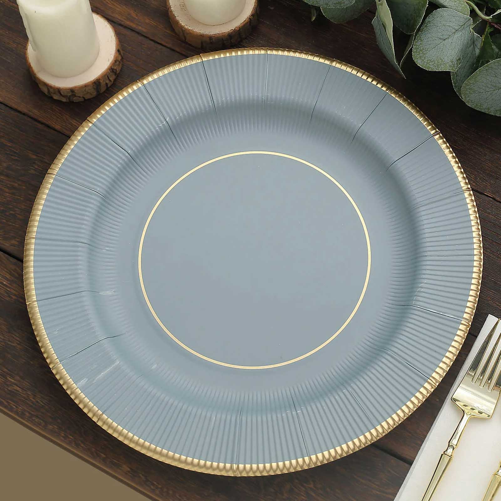 25-Pack Disposable Round Charger Plates 13" Dusty Blue Sunray Design with Gold Rim - 350GSM Heavy Duty Paper Placemats - Image 6