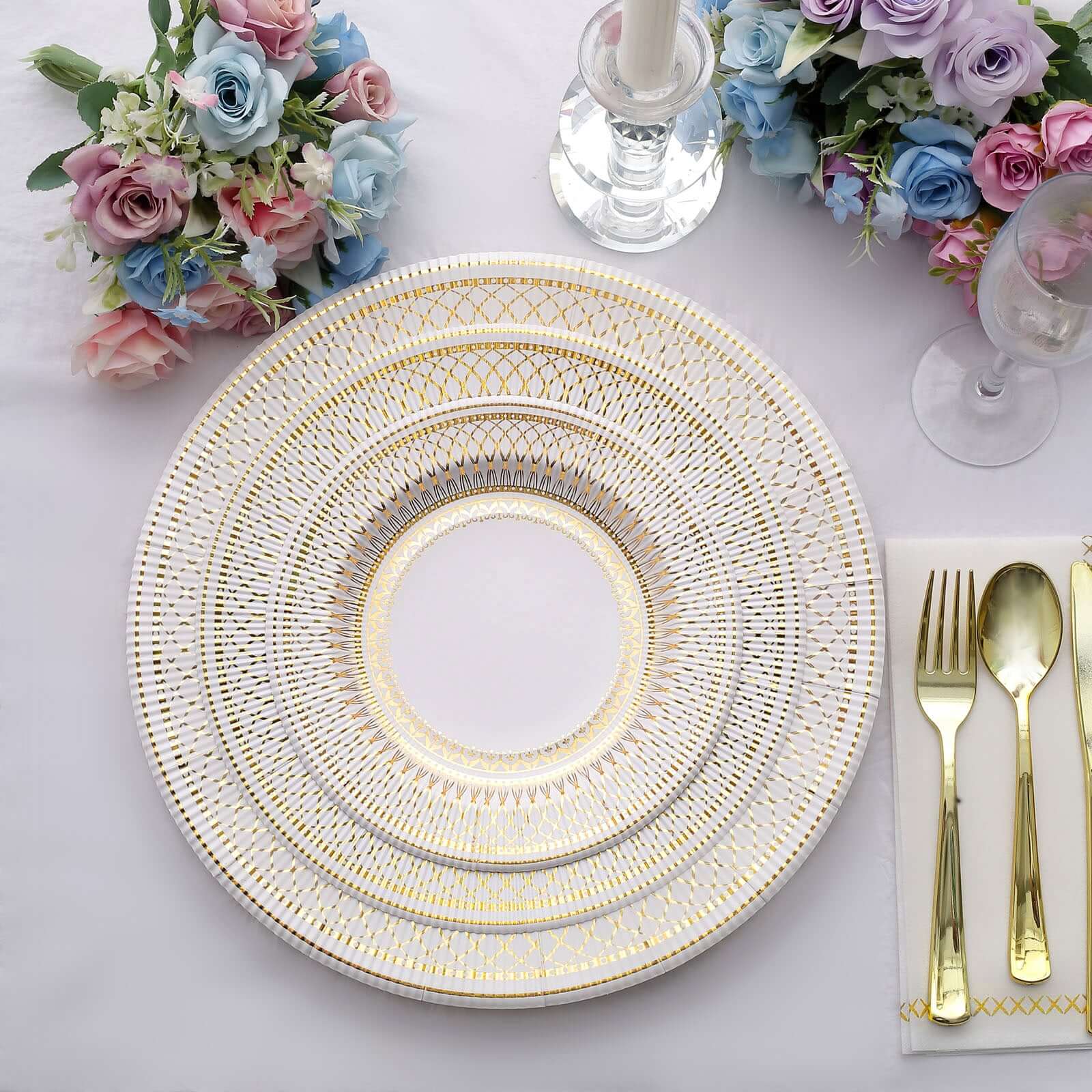 25-Pack Disposable Round Charger Plates 13" Gold/White Vintage Style - Heavy Duty Disposable Paper Charger 350GSM for Rustic & Boho Themed Events - Image 10