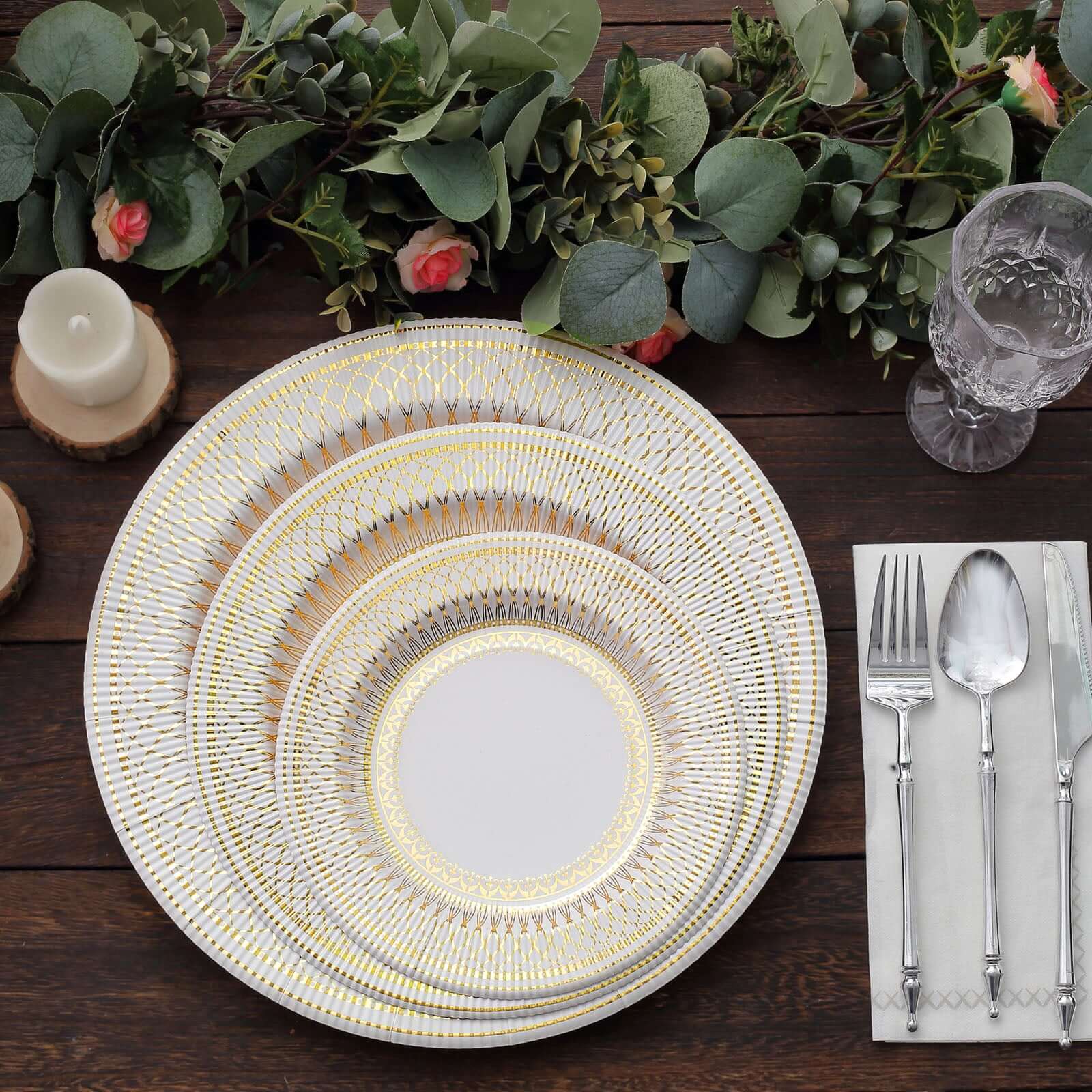 25-Pack Disposable Round Charger Plates 13" Gold/White Vintage Style - Heavy Duty Disposable Paper Charger 350GSM for Rustic & Boho Themed Events - Image 11