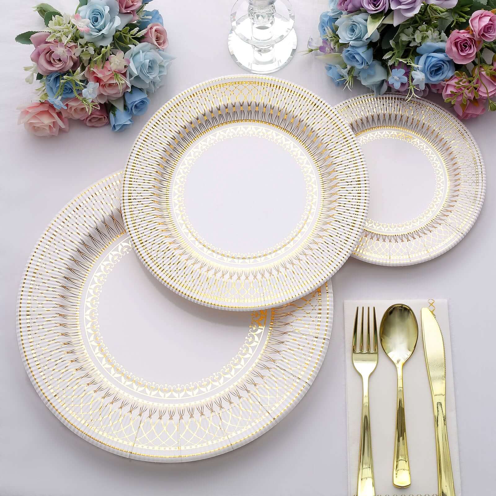 25-Pack Disposable Round Charger Plates 13" Gold/White Vintage Style - Heavy Duty Disposable Paper Charger 350GSM for Rustic & Boho Themed Events - Image 12