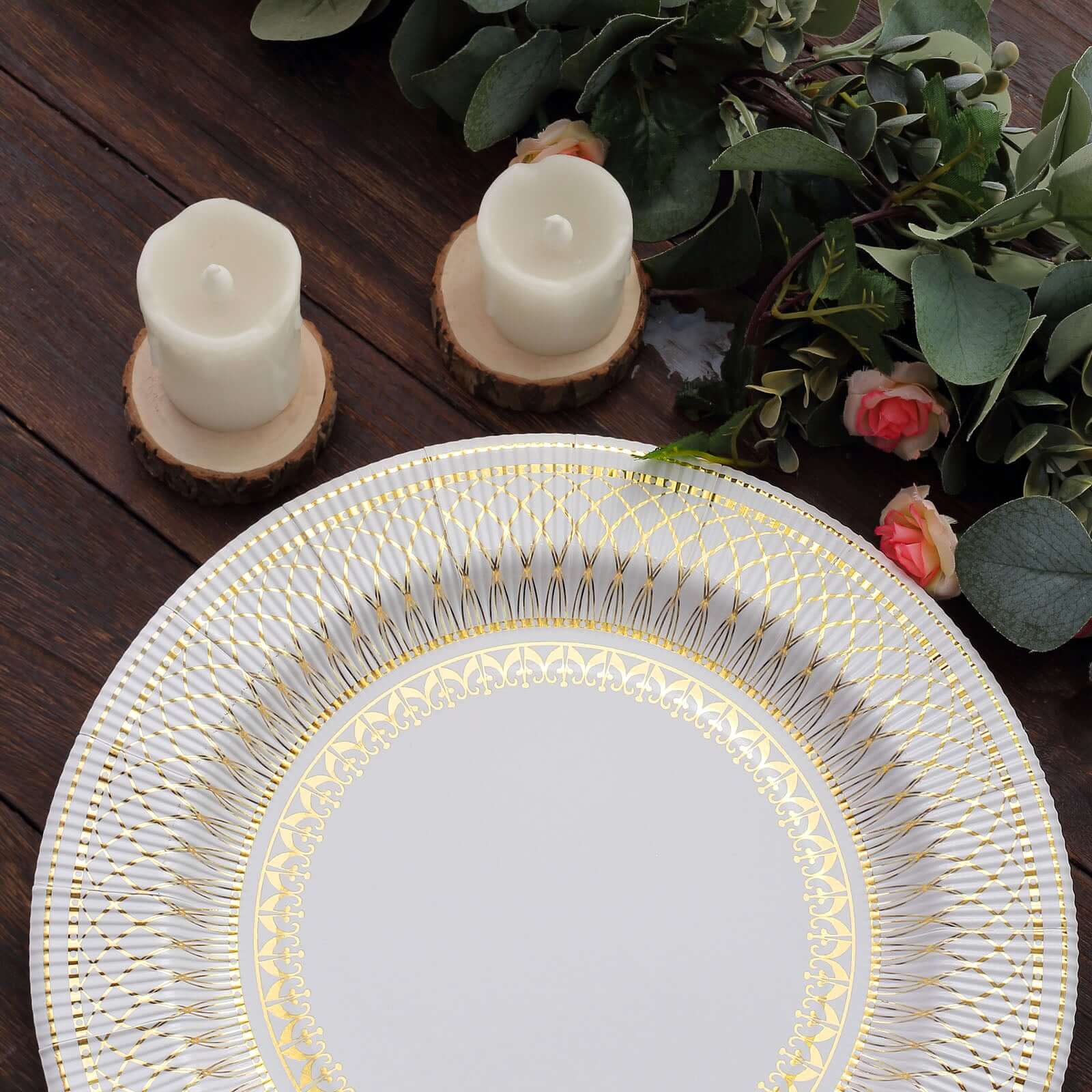 25-Pack Disposable Round Charger Plates 13" Gold/White Vintage Style - Heavy Duty Disposable Paper Charger 350GSM for Rustic & Boho Themed Events - Image 13