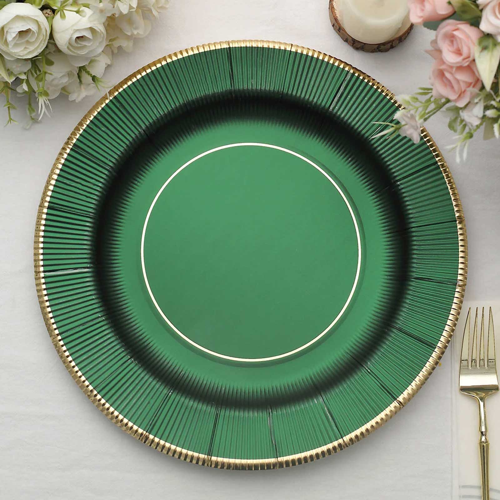 25-Pack Disposable Round Charger Plates 13" Hunter Emerald Green Sunray Design with Gold Rim - 350GSM Heavy Duty Paper Placemats