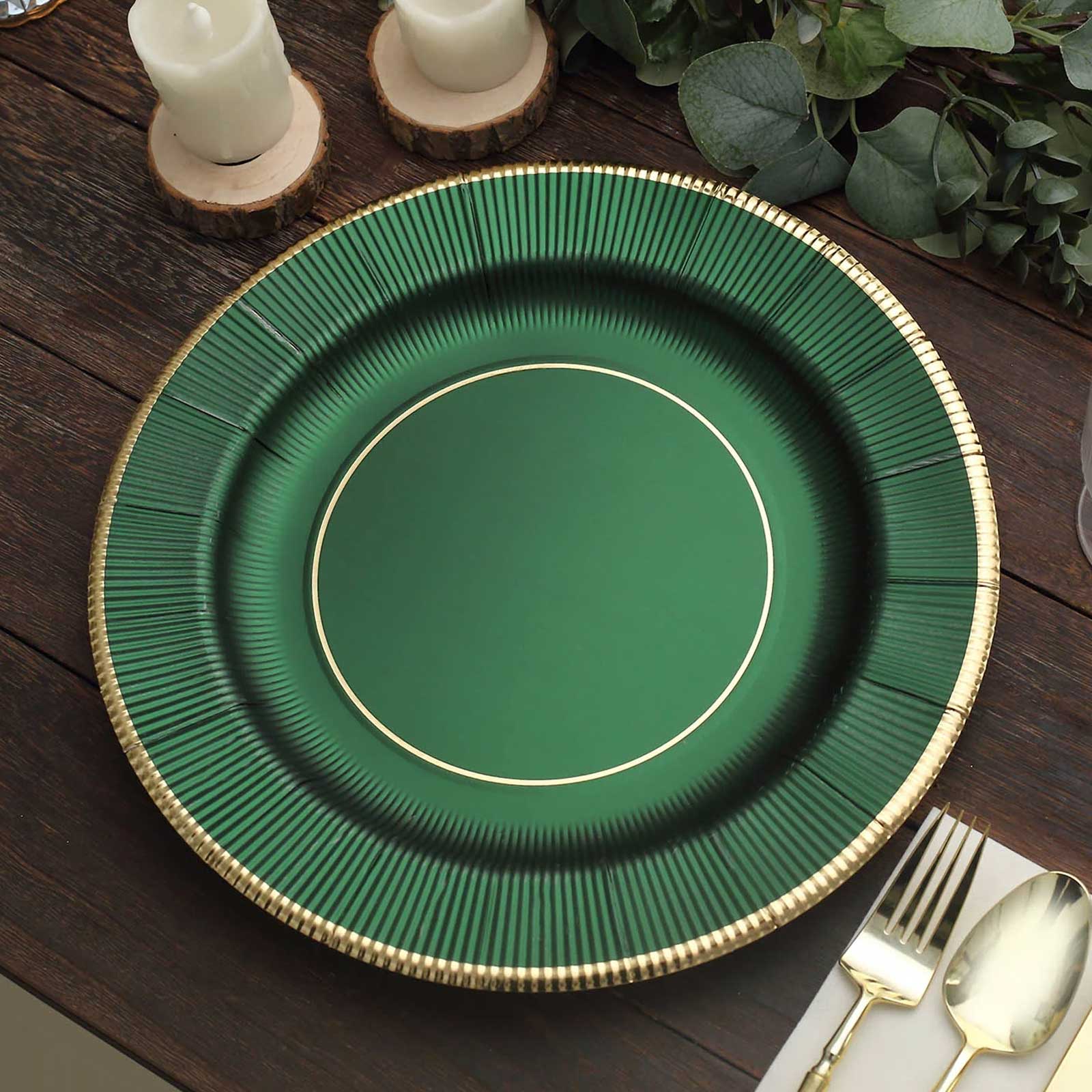 25-Pack Disposable Round Charger Plates 13" Hunter Emerald Green Sunray Design with Gold Rim - 350GSM Heavy Duty Paper Placemats - Image 6