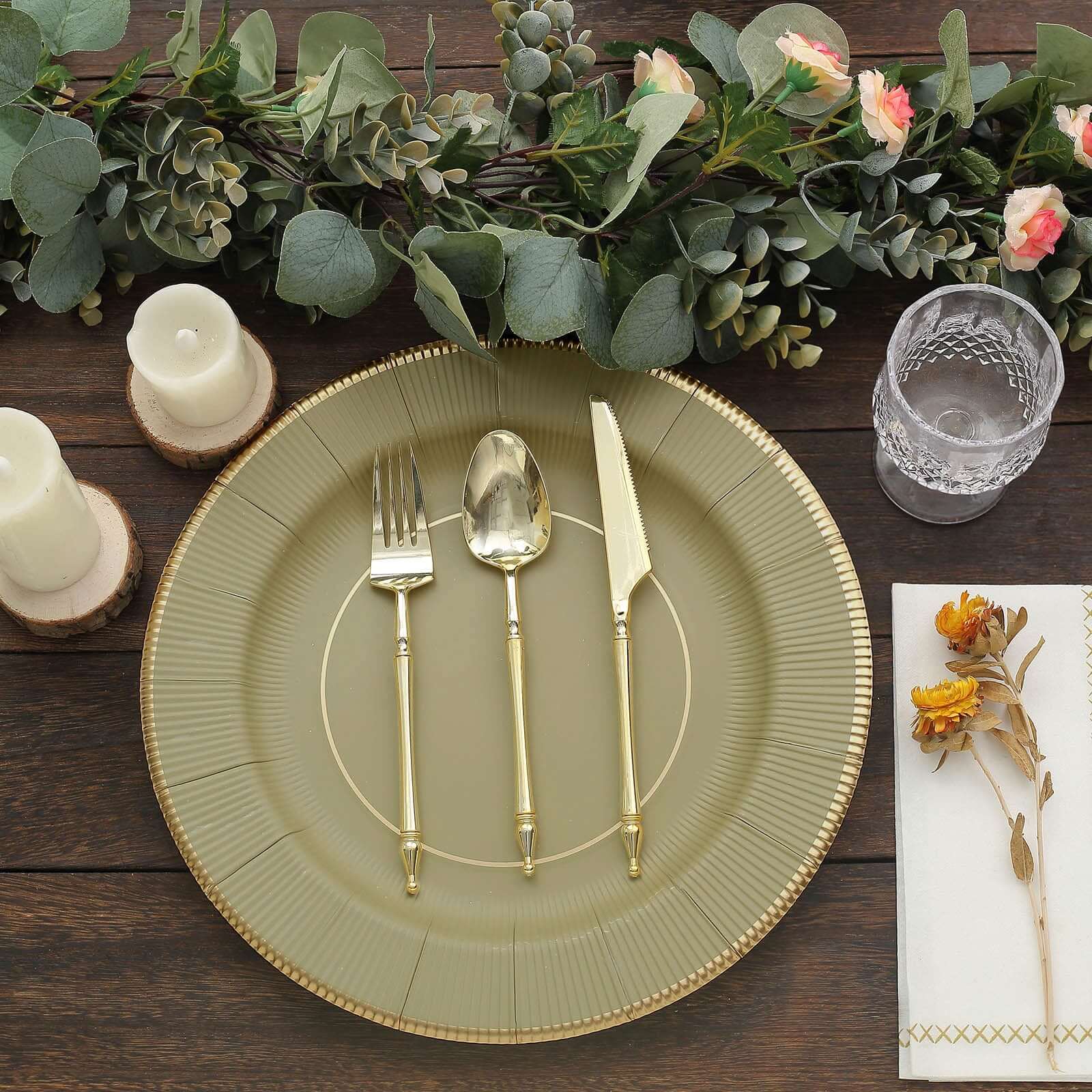 25-Pack Disposable Round Charger Plates 13" Khaki Sunray Design with Gold Rim - 350GSM Heavy Duty Paper Placemats - Image 11