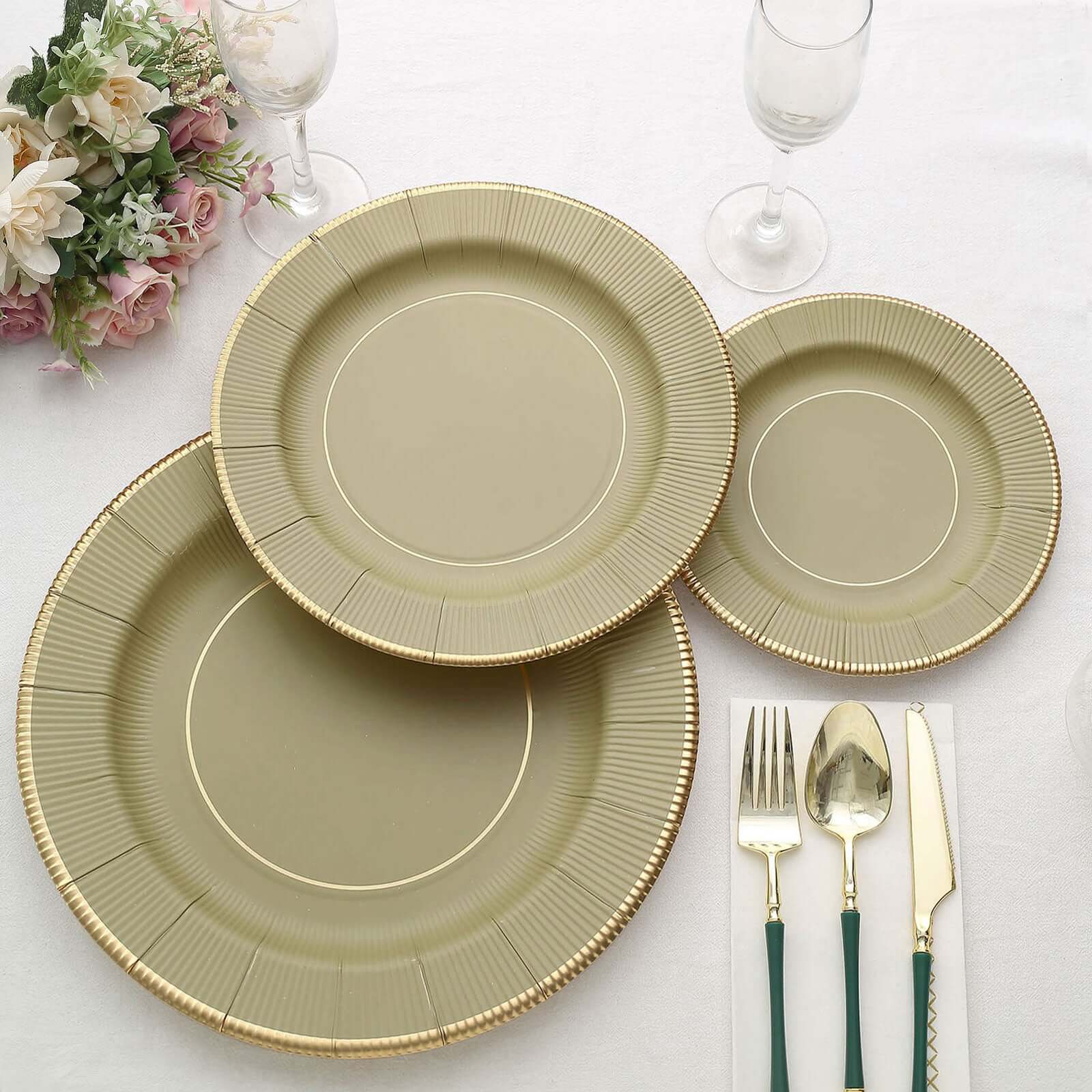 25-Pack Disposable Round Charger Plates 13" Khaki Sunray Design with Gold Rim - 350GSM Heavy Duty Paper Placemats - Image 12