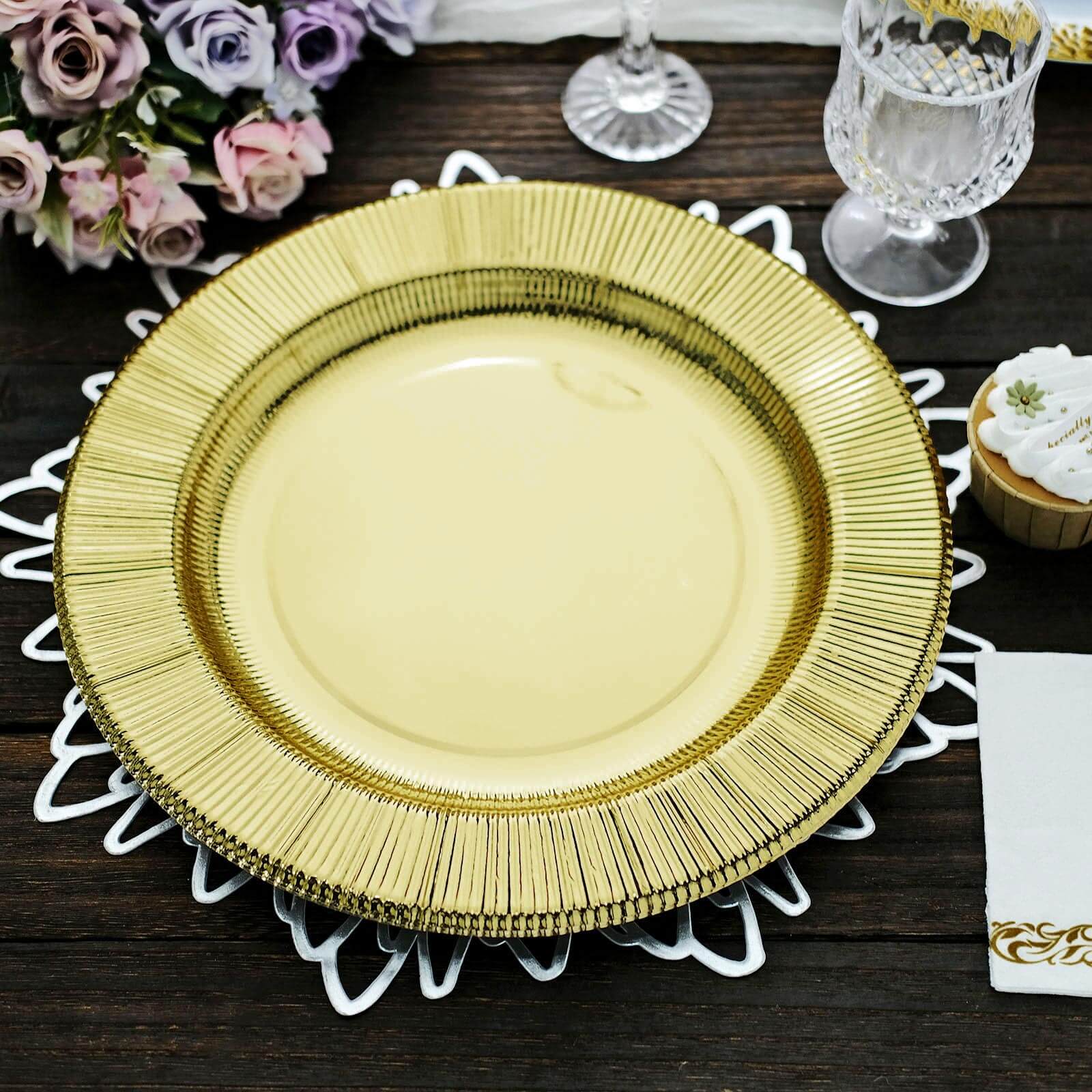 25-Pack Disposable Round Charger Plates 13" Metallic Gold Sunray Design - 350GSM Heavy Duty Cardboard Placemats for Dinner Parties & Banquets - Image 8