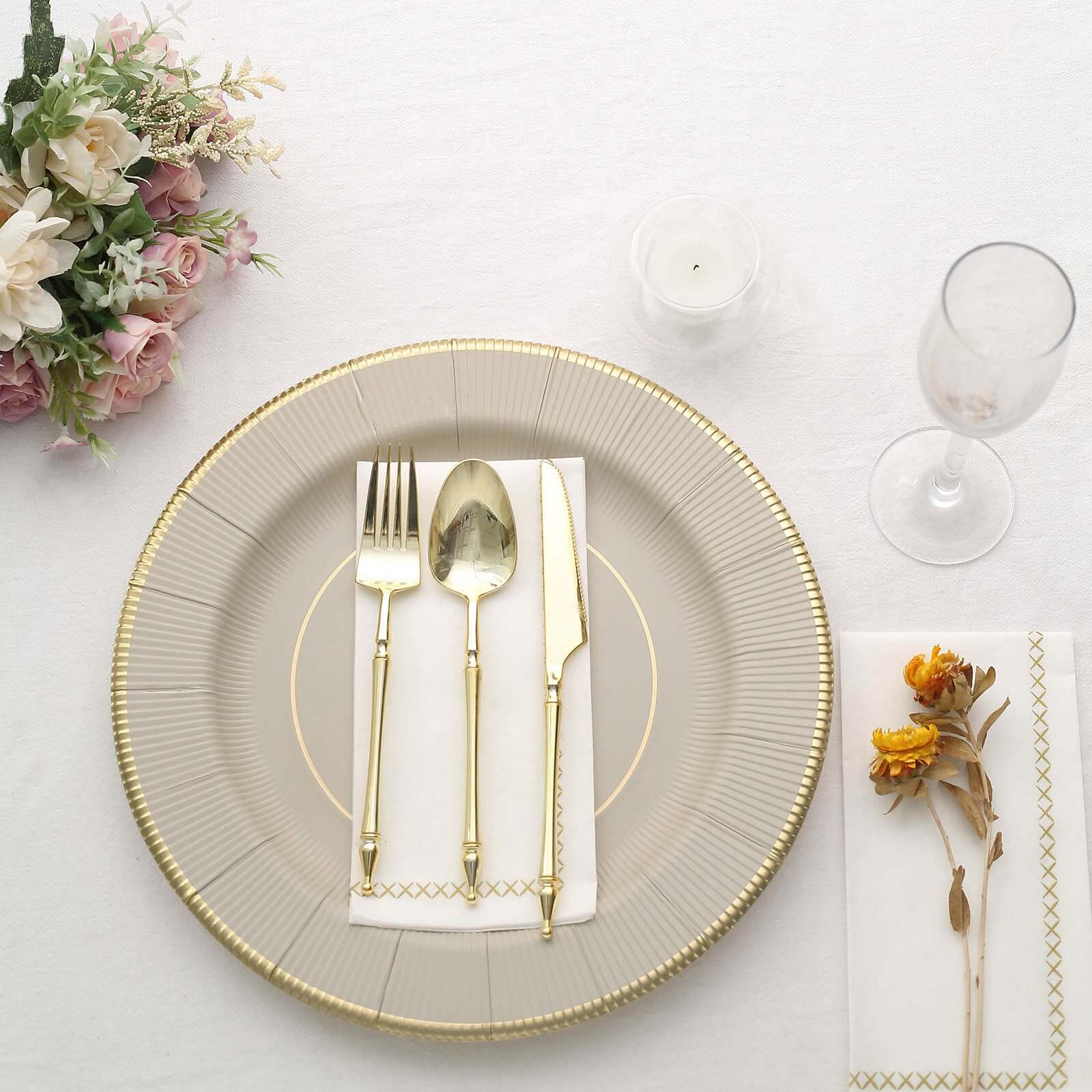 25-Pack Disposable Round Charger Plates 13" Taupe Sunray Design with Gold Rim - 350GSM Heavy Duty Paper Placemats - Image 2