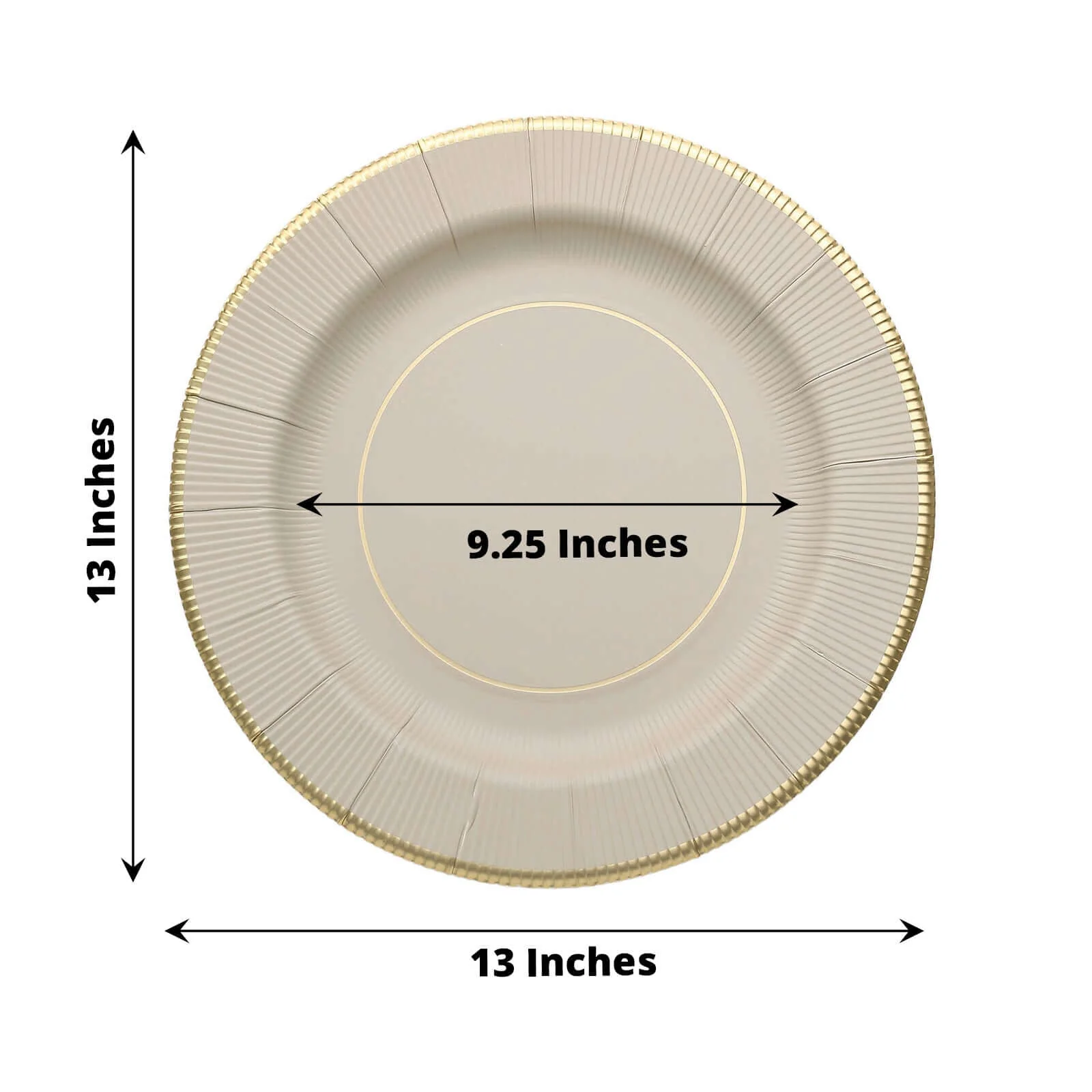 25-Pack Disposable Round Charger Plates 13" Taupe Sunray Design with Gold Rim - 350GSM Heavy Duty Paper Placemats - Image 3