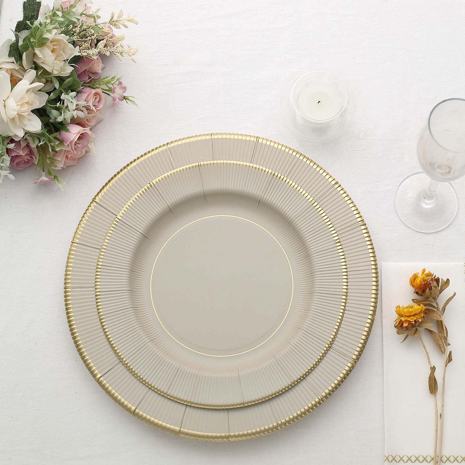 25-Pack Disposable Round Charger Plates 13" Taupe Sunray Design with Gold Rim - 350GSM Heavy Duty Paper Placemats - Image 8