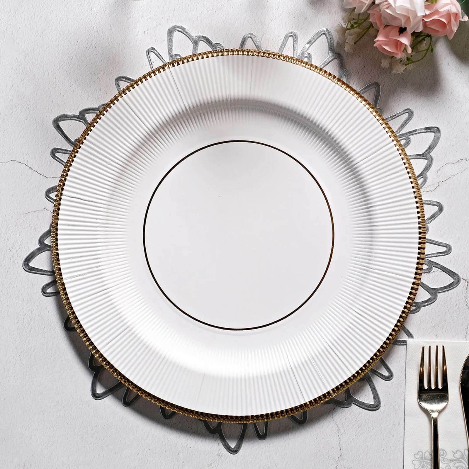 25-Pack Disposable Round Charger Plates 13" White Sunray Design with Gold Rim - 350GSM Heavy Duty Cardboard Placemats for Dinner Parties & Banquets