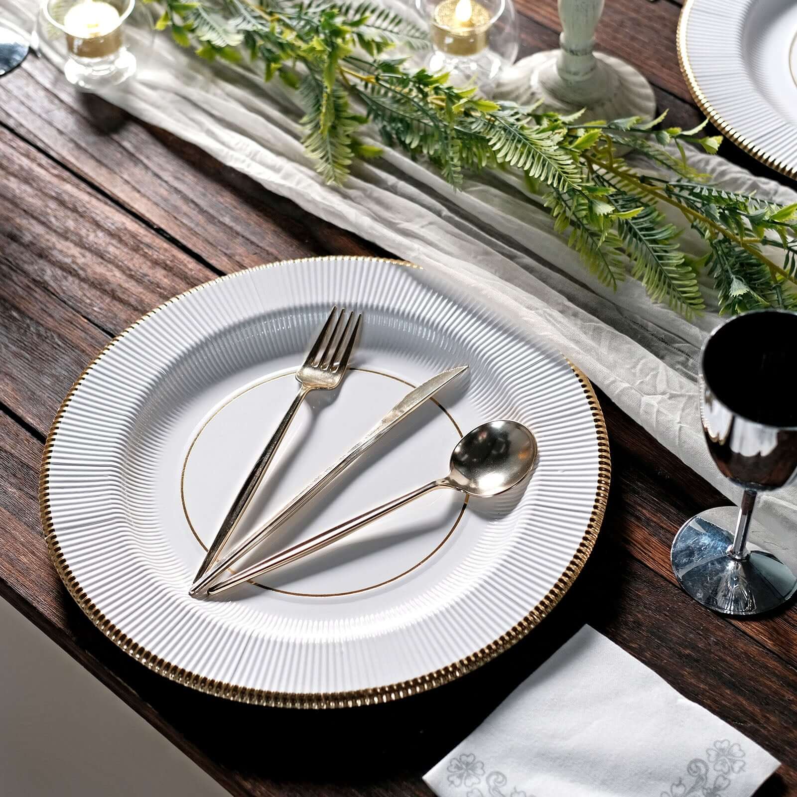 25-Pack Disposable Round Charger Plates 13" White Sunray Design with Gold Rim - 350GSM Heavy Duty Cardboard Placemats for Dinner Parties & Banquets - Image 10