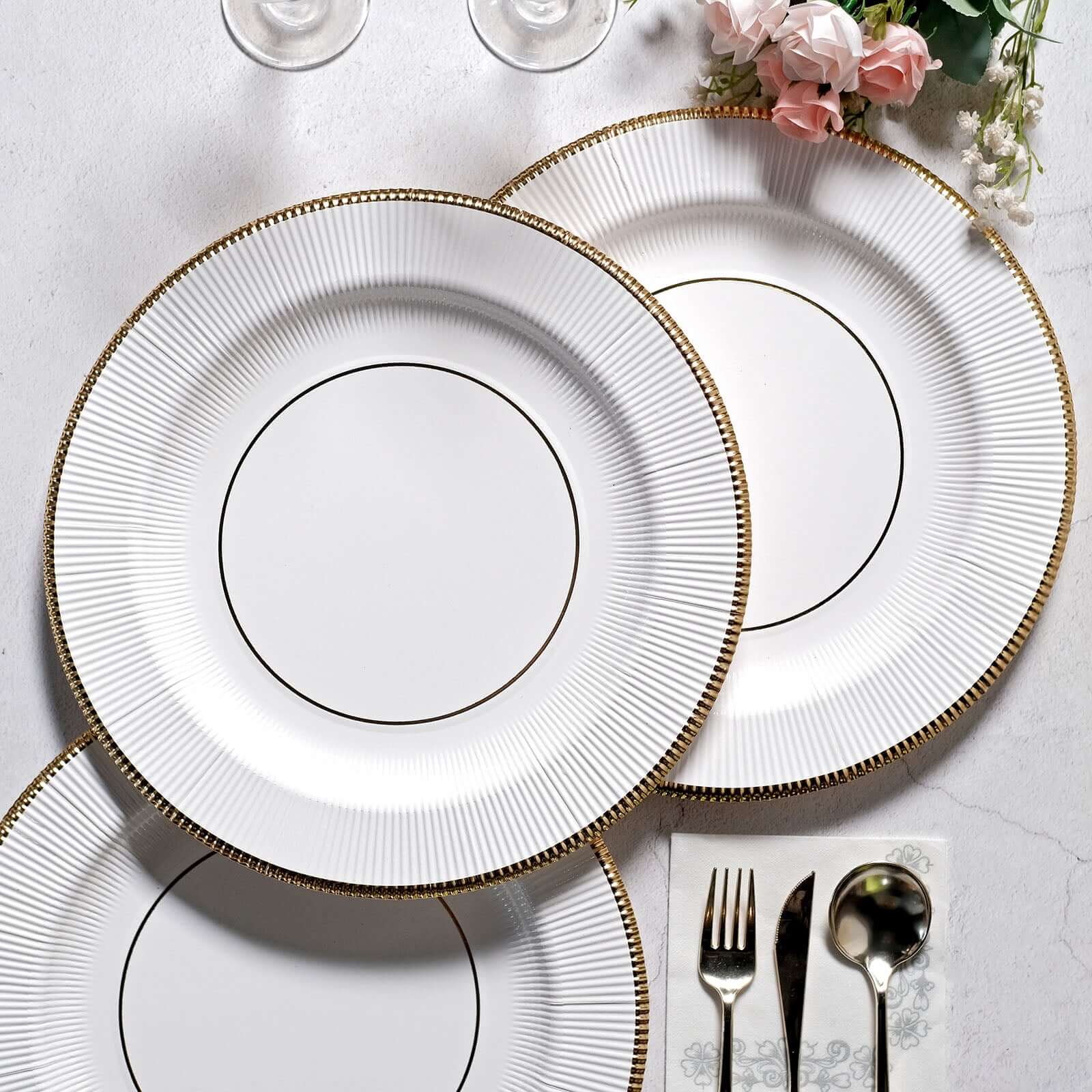 25-Pack Disposable Round Charger Plates 13" White Sunray Design with Gold Rim - 350GSM Heavy Duty Cardboard Placemats for Dinner Parties & Banquets - Image 12