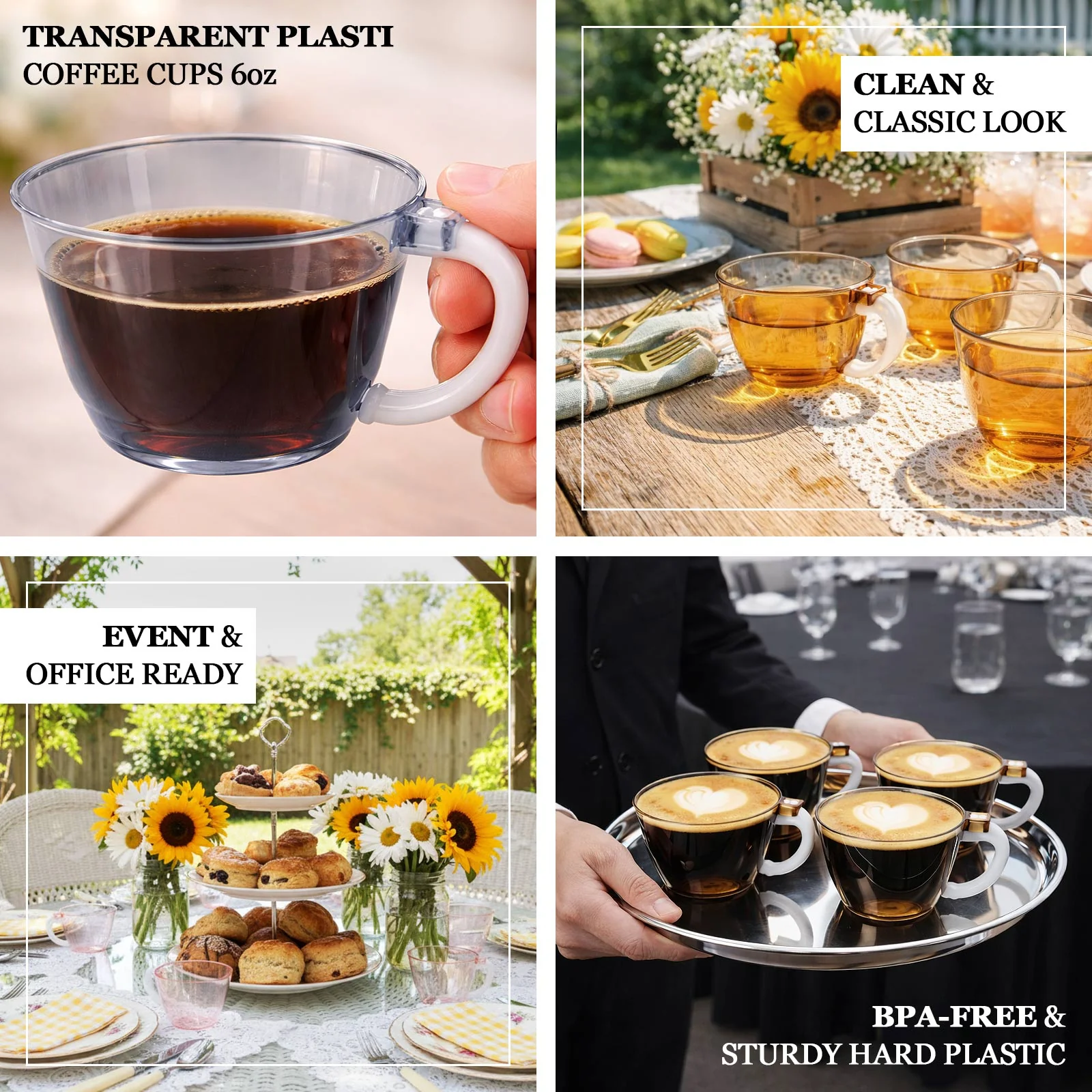 25-Pack Transparent Dusty Blue Plastic Coffee Cups with Handles 6oz - Hard Disposable Tea Mugs for Hot Drinks - Image 4