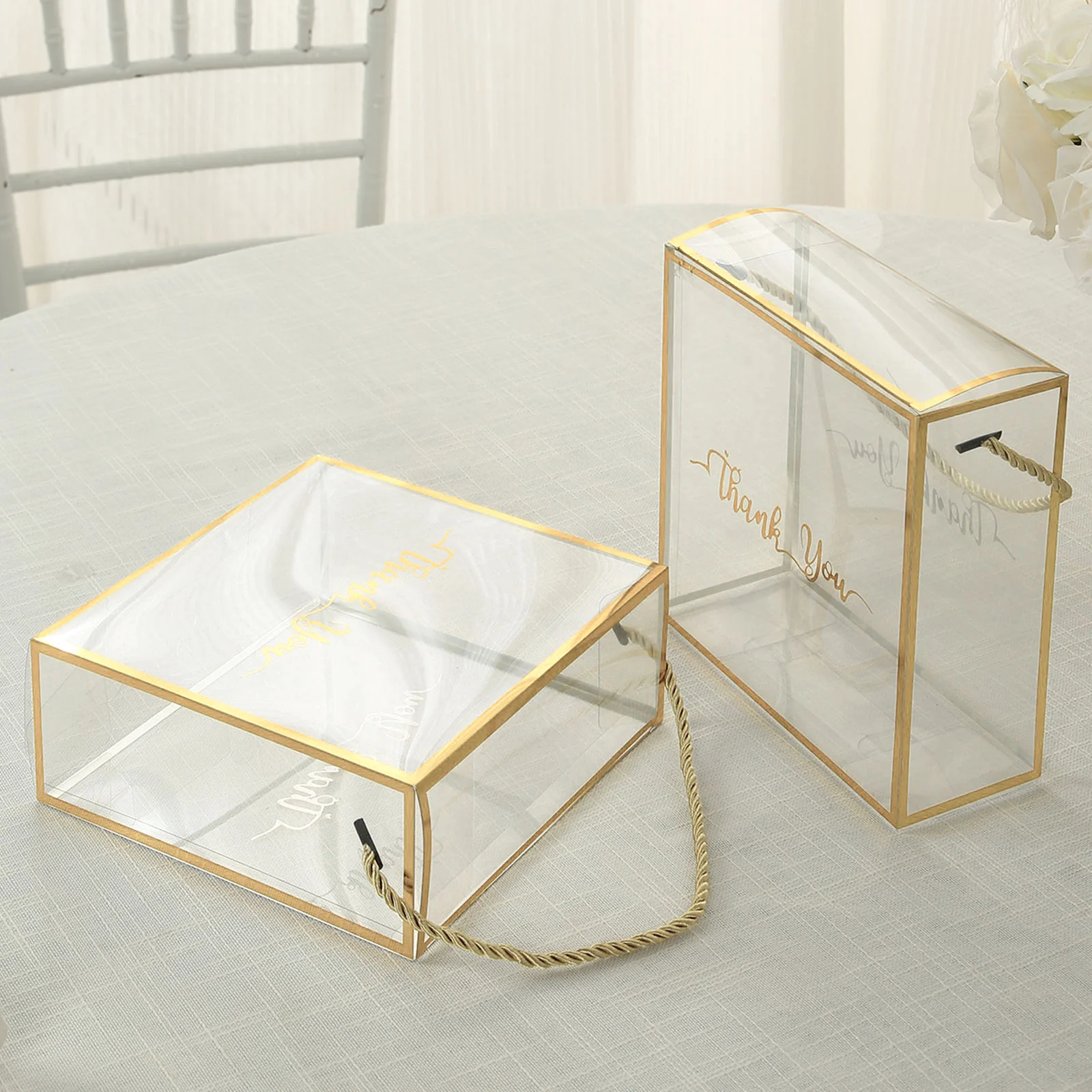 25 Pack Gold Trimmed Clear PVC Favor Boxes with Rope Handles and Thank You Print, Square Transparent Portable Candy Gift Boxes - 8"x8" - Image 7