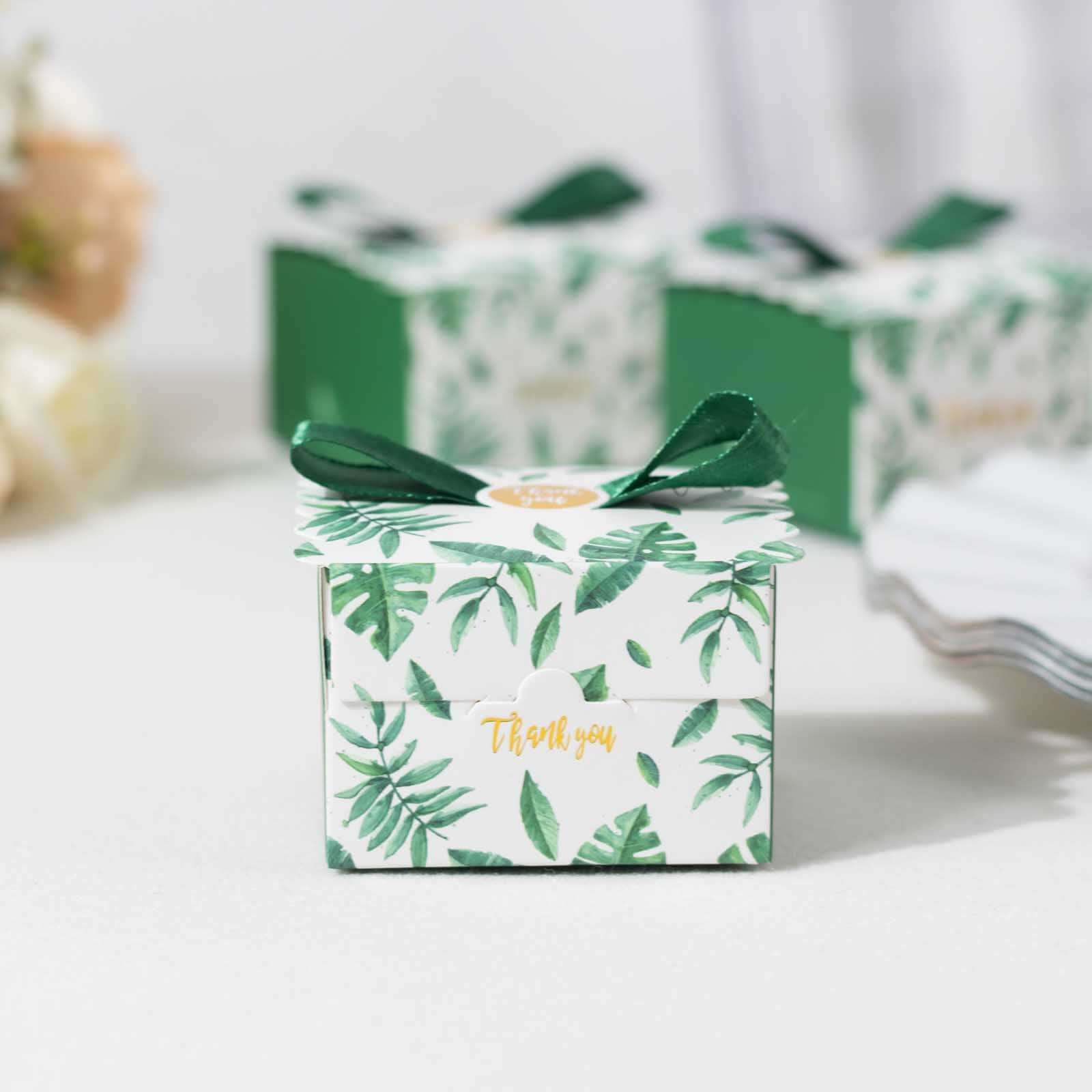 25 Pack Green Monstera Leaf Print Party Favor Gift Boxes with Satin Ribbon Bow, Thank You Cardstock Paper Candy Boxes - 2.5"x2.5"x2" - Image 10