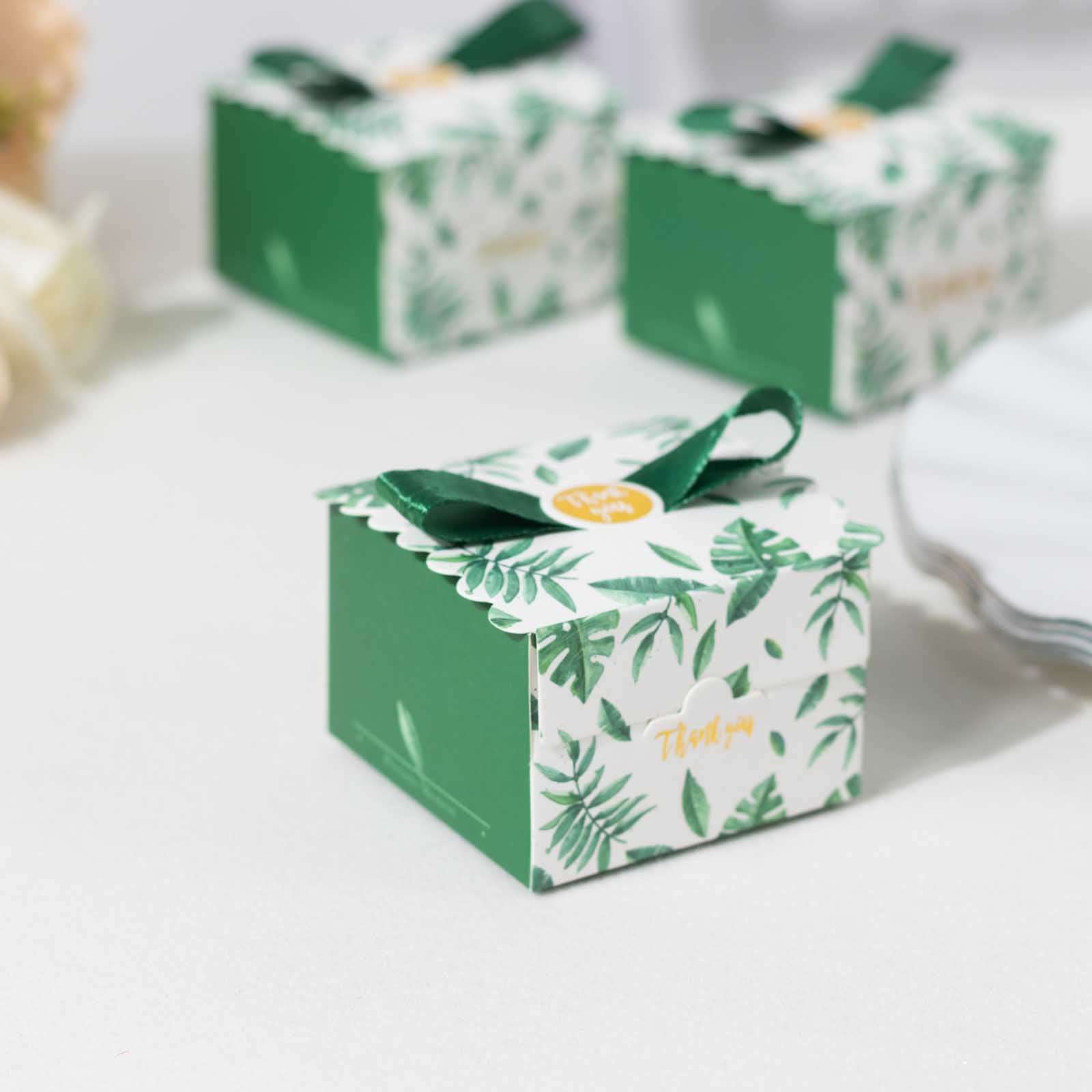 25 Pack Green Monstera Leaf Print Party Favor Gift Boxes with Satin Ribbon Bow, Thank You Cardstock Paper Candy Boxes - 2.5"x2.5"x2" - Image 11