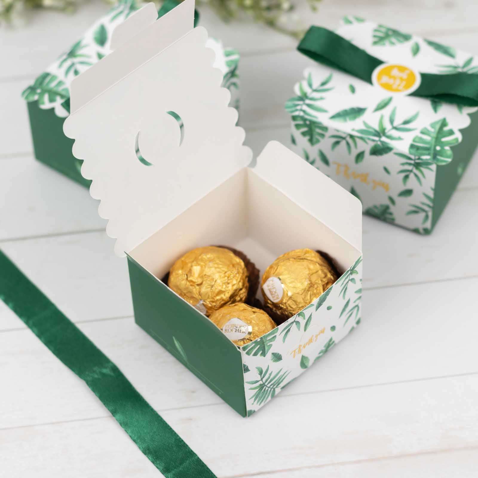 25 Pack Green Monstera Leaf Print Party Favor Gift Boxes with Satin Ribbon Bow, Thank You Cardstock Paper Candy Boxes - 2.5"x2.5"x2" - Image 2