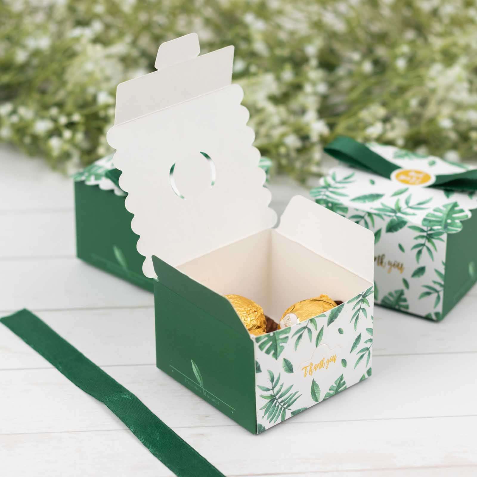 25 Pack Green Monstera Leaf Print Party Favor Gift Boxes with Satin Ribbon Bow, Thank You Cardstock Paper Candy Boxes - 2.5"x2.5"x2" - Image 5
