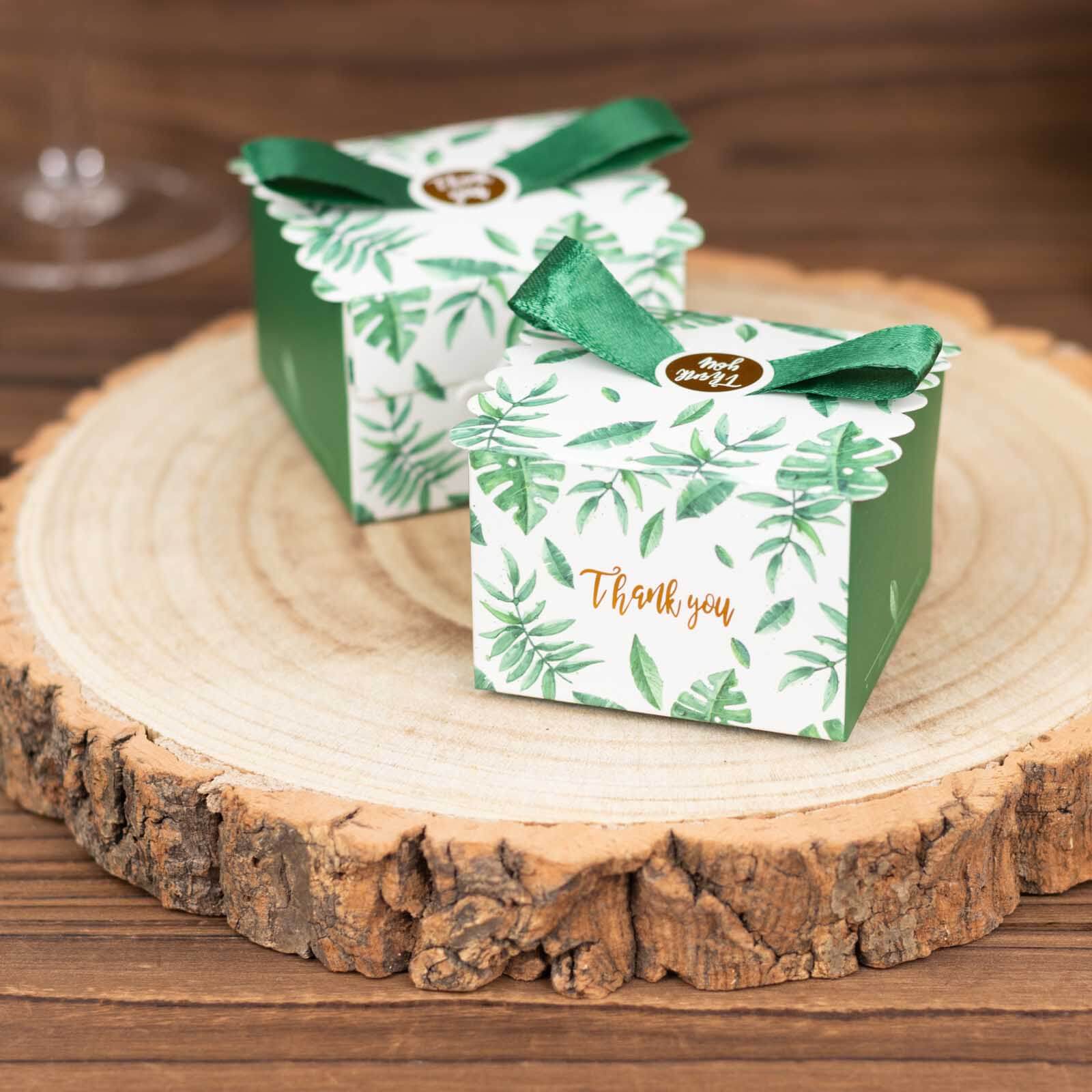 25 Pack Green Monstera Leaf Print Party Favor Gift Boxes with Satin Ribbon Bow, Thank You Cardstock Paper Candy Boxes - 2.5"x2.5"x2" - Image 6