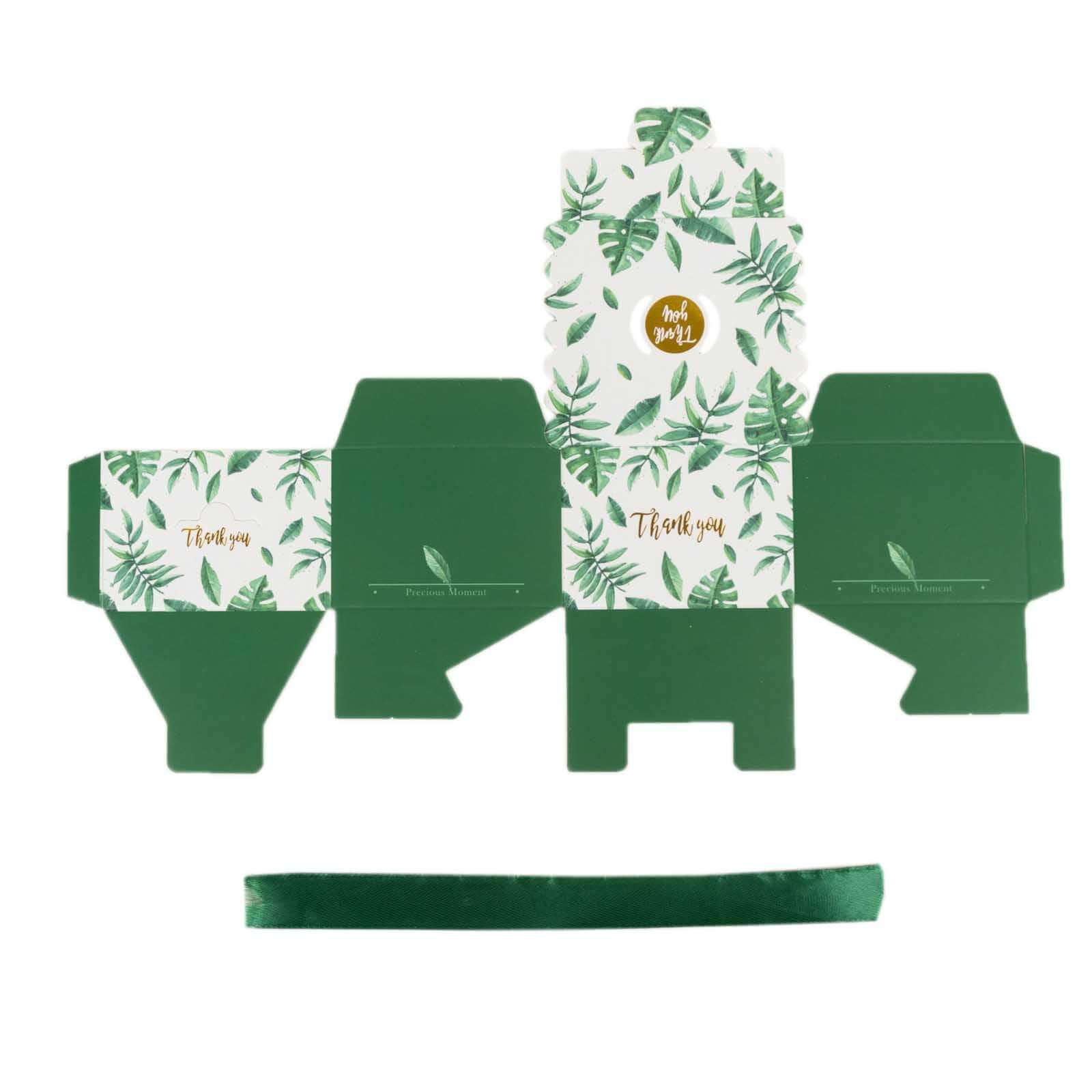 25 Pack Green Monstera Leaf Print Party Favor Gift Boxes with Satin Ribbon Bow, Thank You Cardstock Paper Candy Boxes - 2.5"x2.5"x2" - Image 7