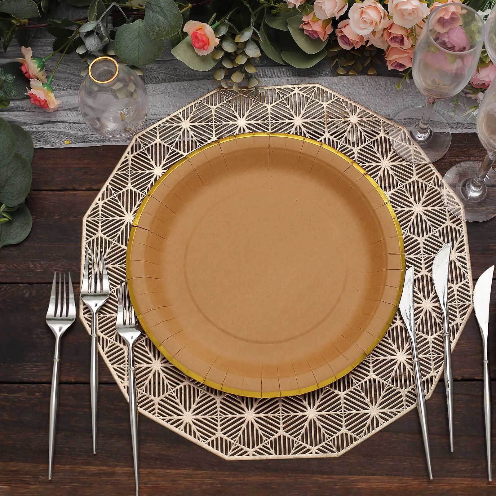 25-Pack Kraft Paper Round Dinner Plates 10" Natural Brown with Gold Lined Rim - Disposable Party Plates for Rustic Themes & Celebrations - Image 6