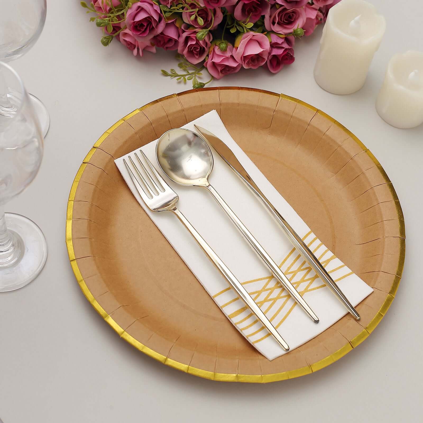 25-Pack Kraft Paper Round Dinner Plates 10" Natural Brown with Gold Lined Rim - Disposable Party Plates for Rustic Themes & Celebrations - Image 8