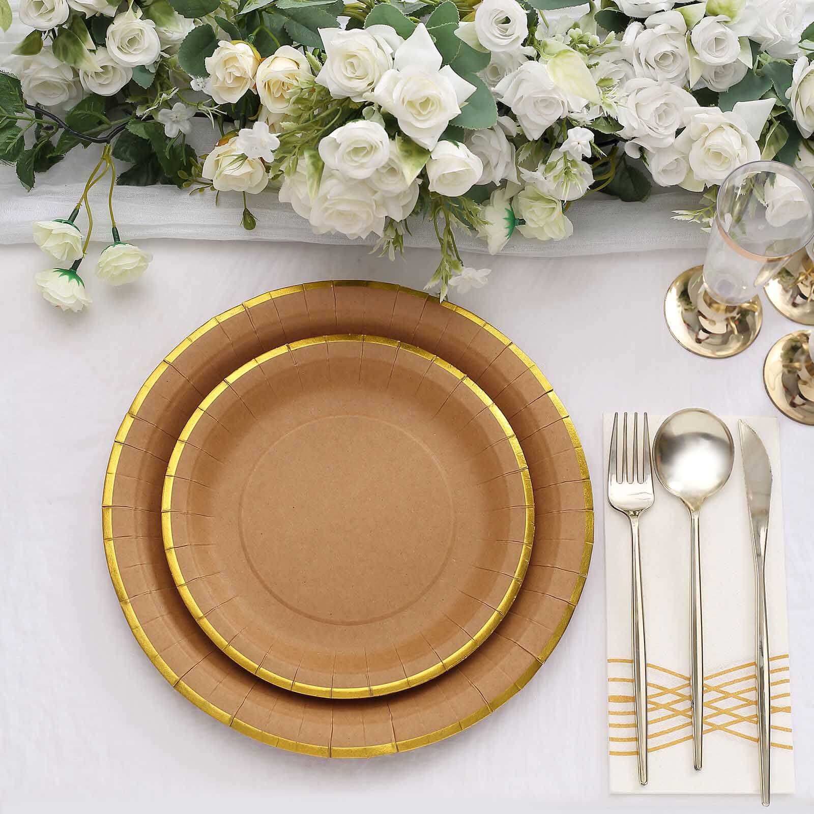 25-Pack Kraft Paper Round Dinner Plates 10" Natural Brown with Gold Lined Rim - Disposable Party Plates for Rustic Themes & Celebrations - Image 9
