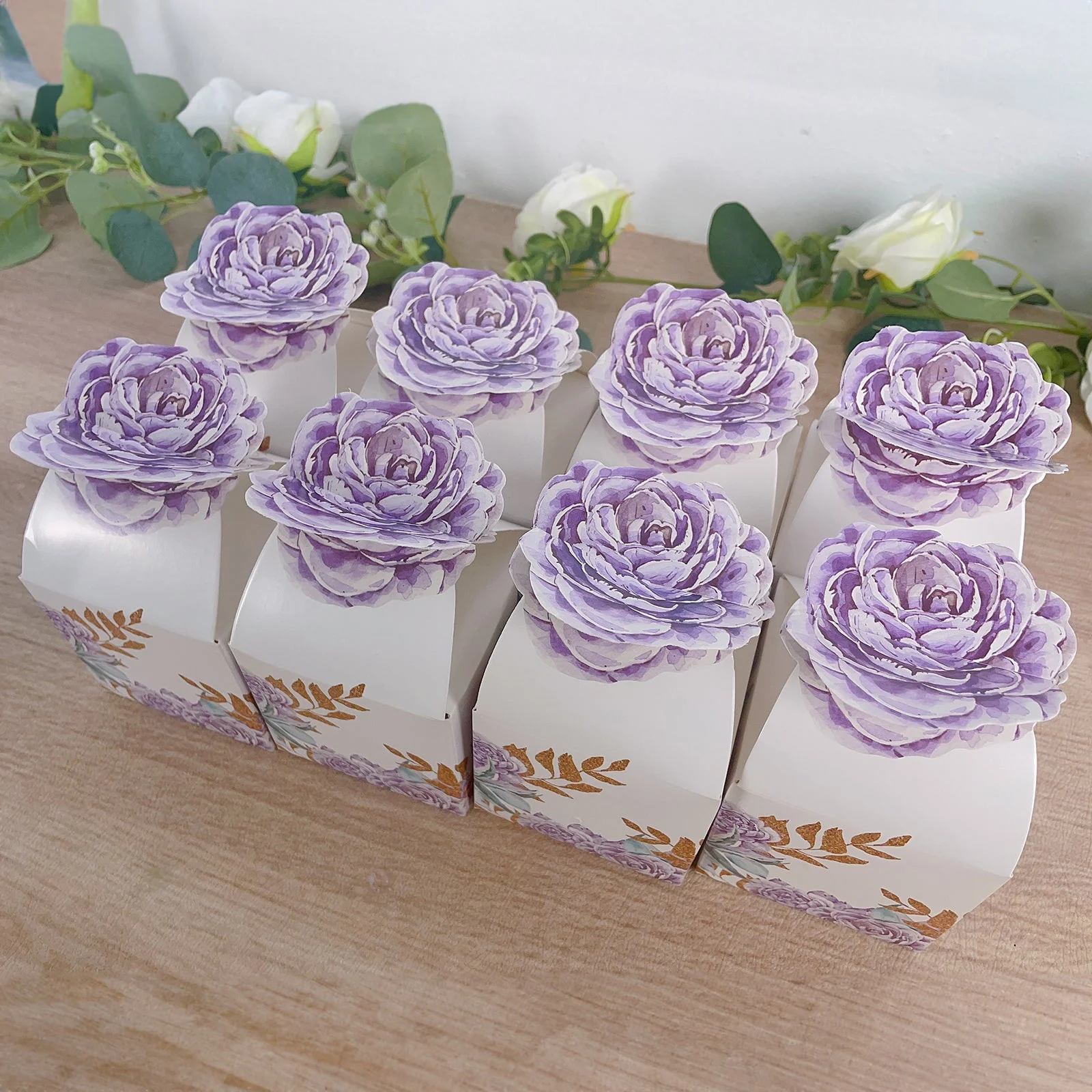 25 Pack Lavender Peony Floral Top Party Favor Boxes, Lilac Cardstock Paper Candy Gift Boxes - 3"x3"x5"