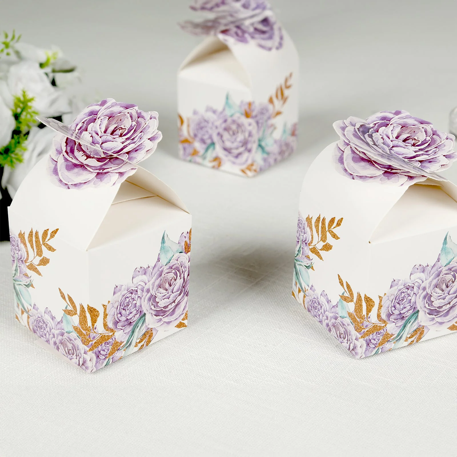 25 Pack Lavender Peony Floral Top Party Favor Boxes, Lilac Cardstock Paper Candy Gift Boxes - 3"x3"x5" - Image 3