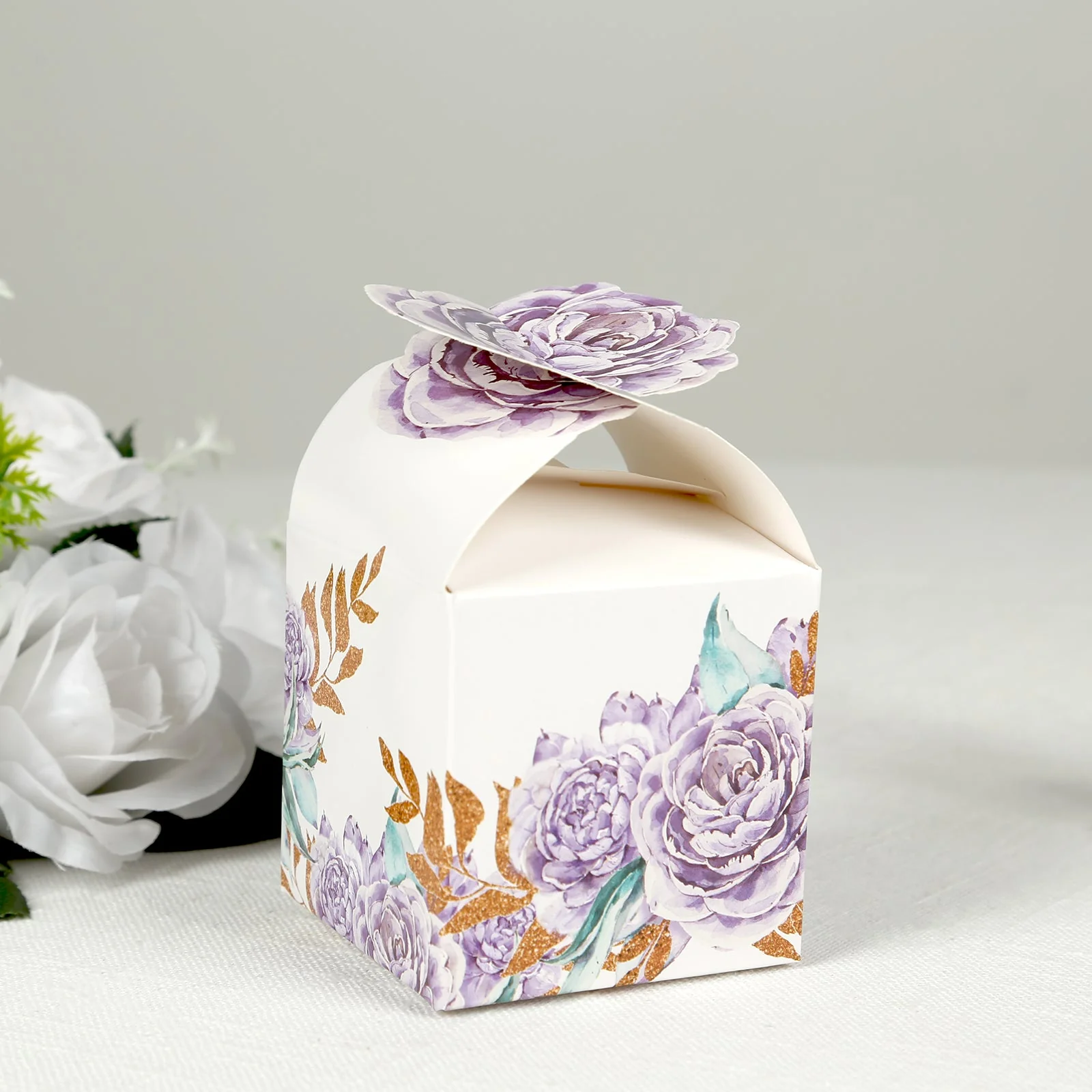 25 Pack Lavender Peony Floral Top Party Favor Boxes, Lilac Cardstock Paper Candy Gift Boxes - 3"x3"x5" - Image 4