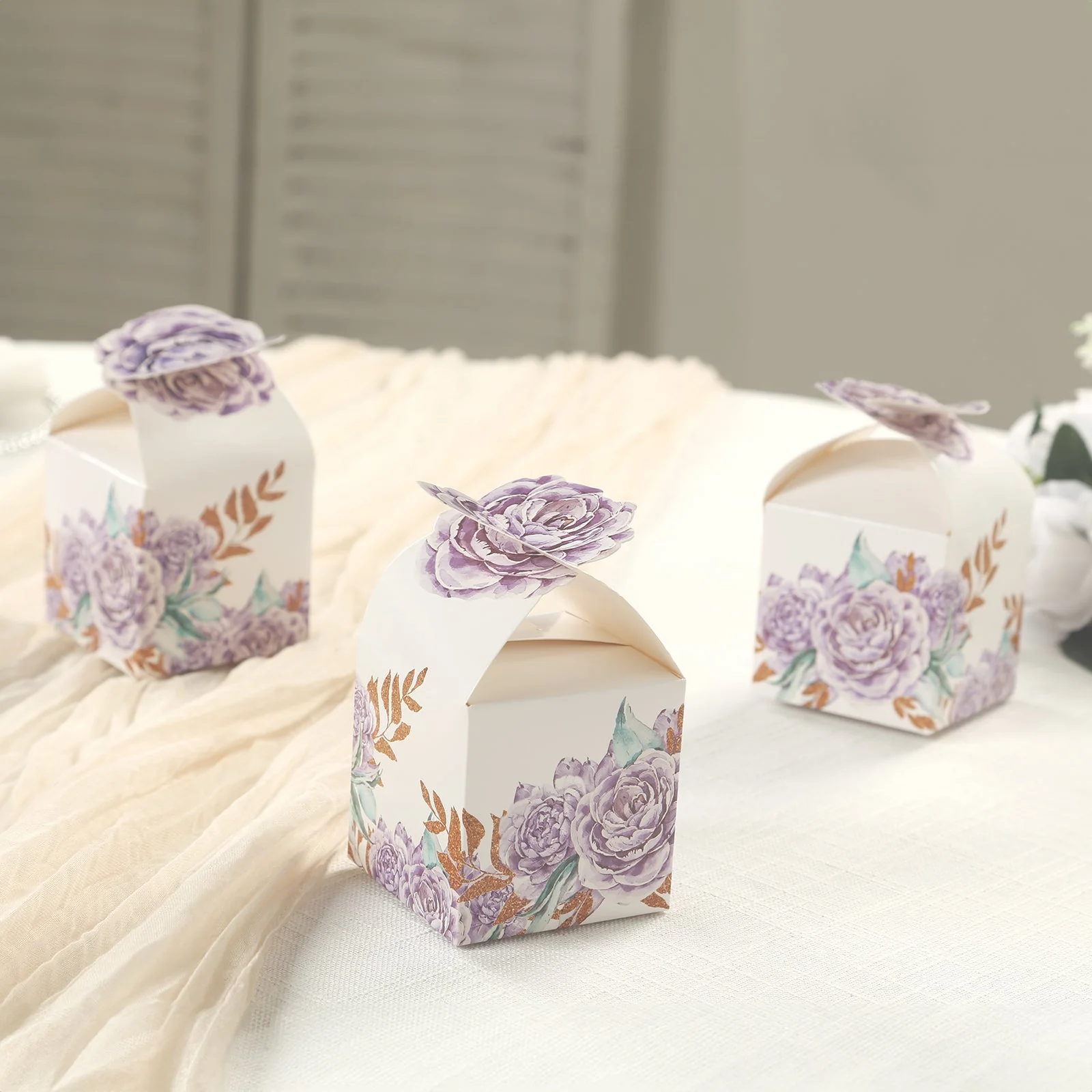 25 Pack Lavender Peony Floral Top Party Favor Boxes, Lilac Cardstock Paper Candy Gift Boxes - 3"x3"x5" - Image 5