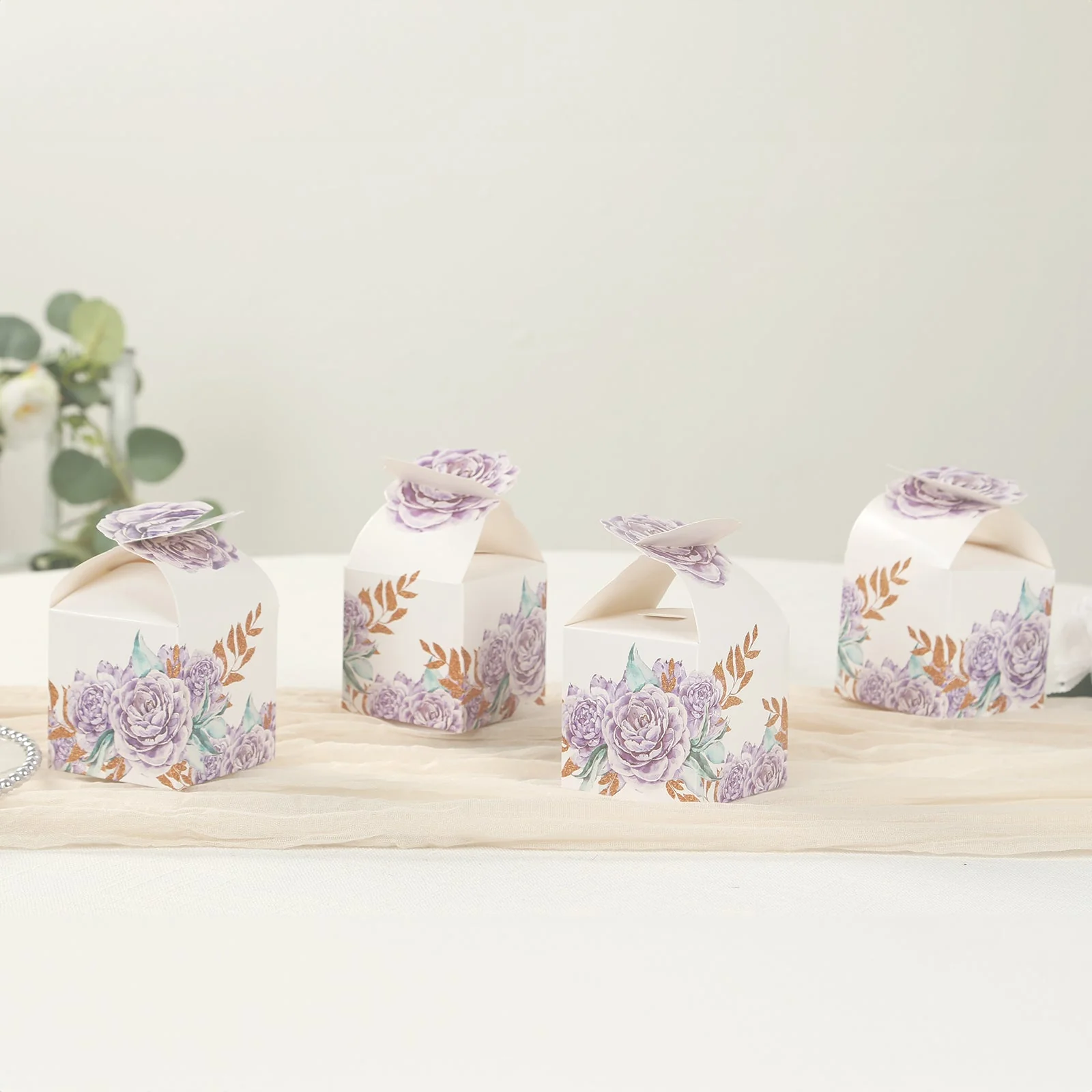 25 Pack Lavender Peony Floral Top Party Favor Boxes, Lilac Cardstock Paper Candy Gift Boxes - 3"x3"x5" - Image 7