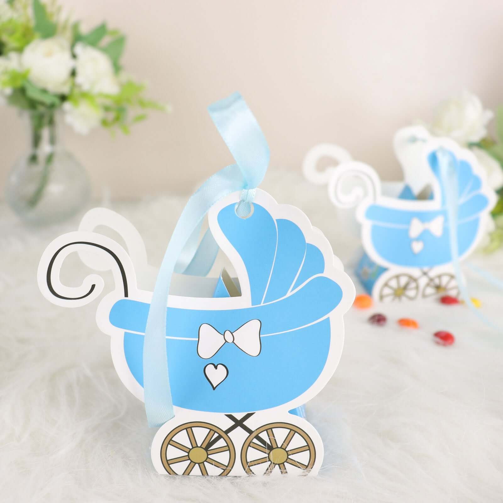 25 Pack Light Blue Baby Paper Stroller Party Favor Gift Boxes, Cardstock Carriage Candy Boxes with Ribbon Ties 4.5"x2"x4"