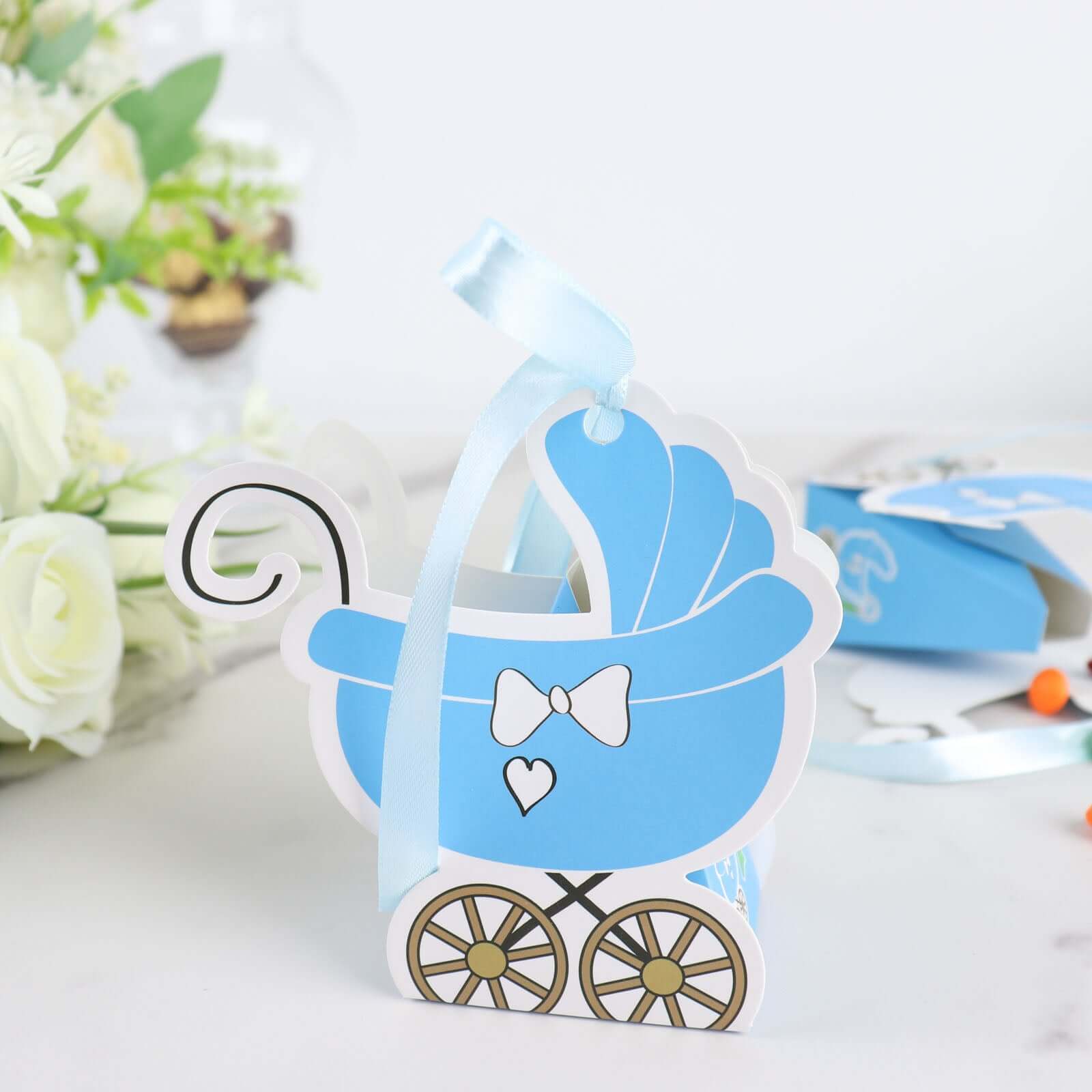 25 Pack Light Blue Baby Paper Stroller Party Favor Gift Boxes, Cardstock Carriage Candy Boxes with Ribbon Ties 4.5"x2"x4" - Image 10