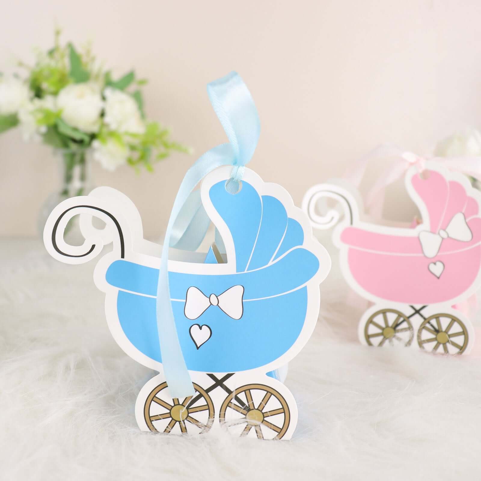 25 Pack Light Blue Baby Paper Stroller Party Favor Gift Boxes, Cardstock Carriage Candy Boxes with Ribbon Ties 4.5"x2"x4" - Image 15