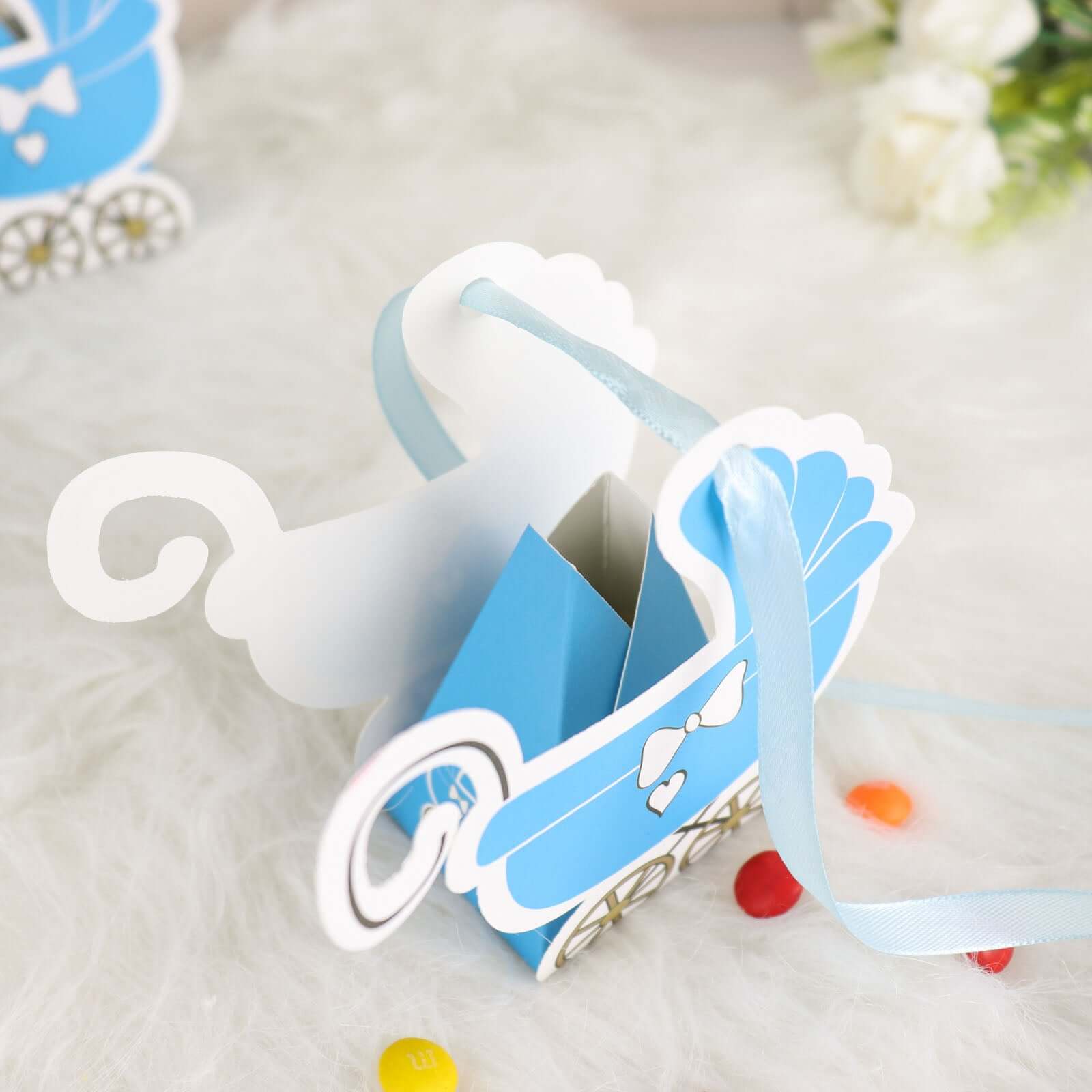 25 Pack Light Blue Baby Paper Stroller Party Favor Gift Boxes, Cardstock Carriage Candy Boxes with Ribbon Ties 4.5"x2"x4" - Image 6
