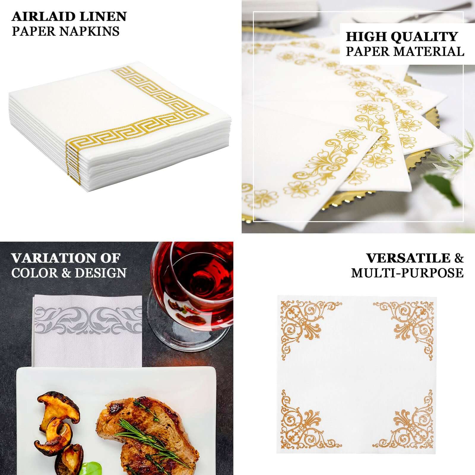 25 Pack Linen-Like Paper Napkins 5"x5" White with Gold Greek Key Design - Stylish & Disposable Airlaid Cocktail Napkins - Image 4