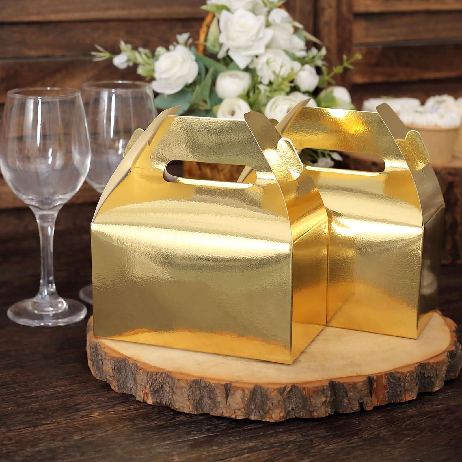 25 Pack Metallic Gold Party Favor Gift Tote Gable Box Bags, Candy Treat Boxes 6"x3.5"x7" - Image 2