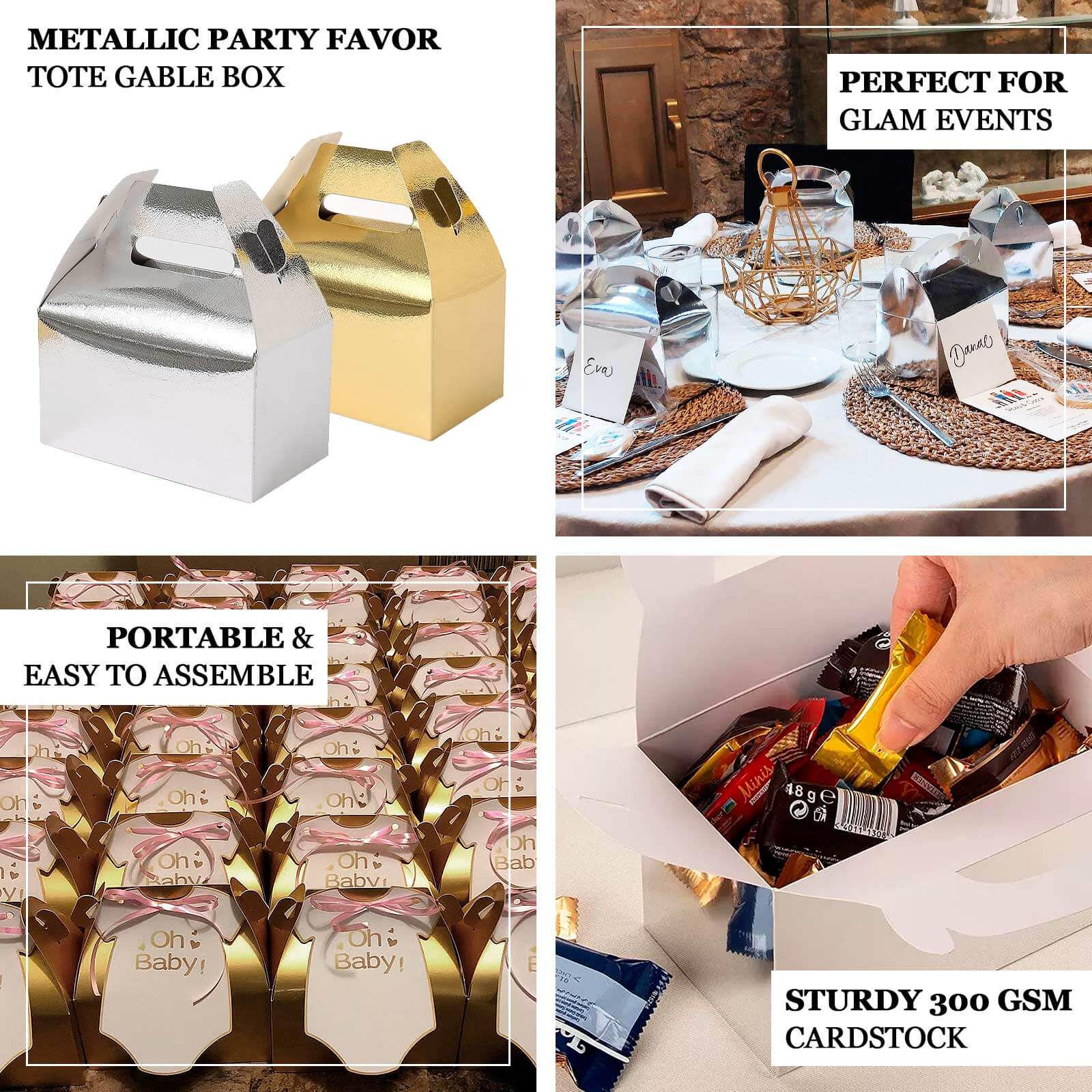 25 Pack Metallic Gold Party Favor Gift Tote Gable Box Bags, Candy Treat Boxes 6"x3.5"x7" - Image 4
