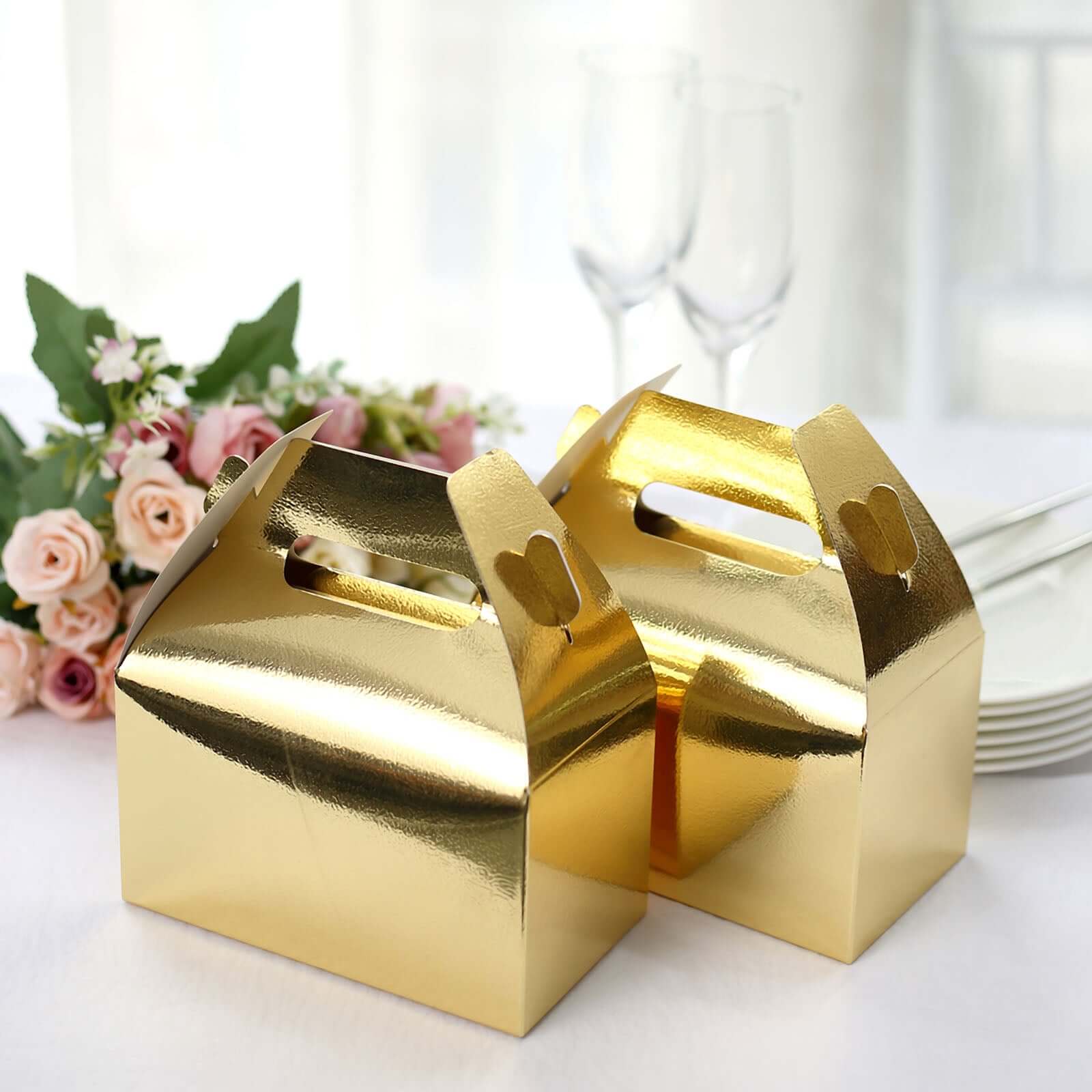 25 Pack Metallic Gold Party Favor Gift Tote Gable Box Bags, Candy Treat Boxes 6"x3.5"x7" - Image 6