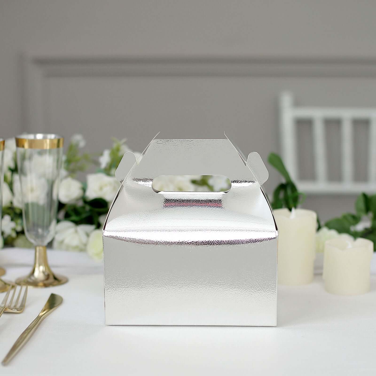 25 Pack Metallic Silver Party Favor Gift Tote Gable Box Bags, Candy Treat Boxes 6"x3.5"x7" - Image 9
