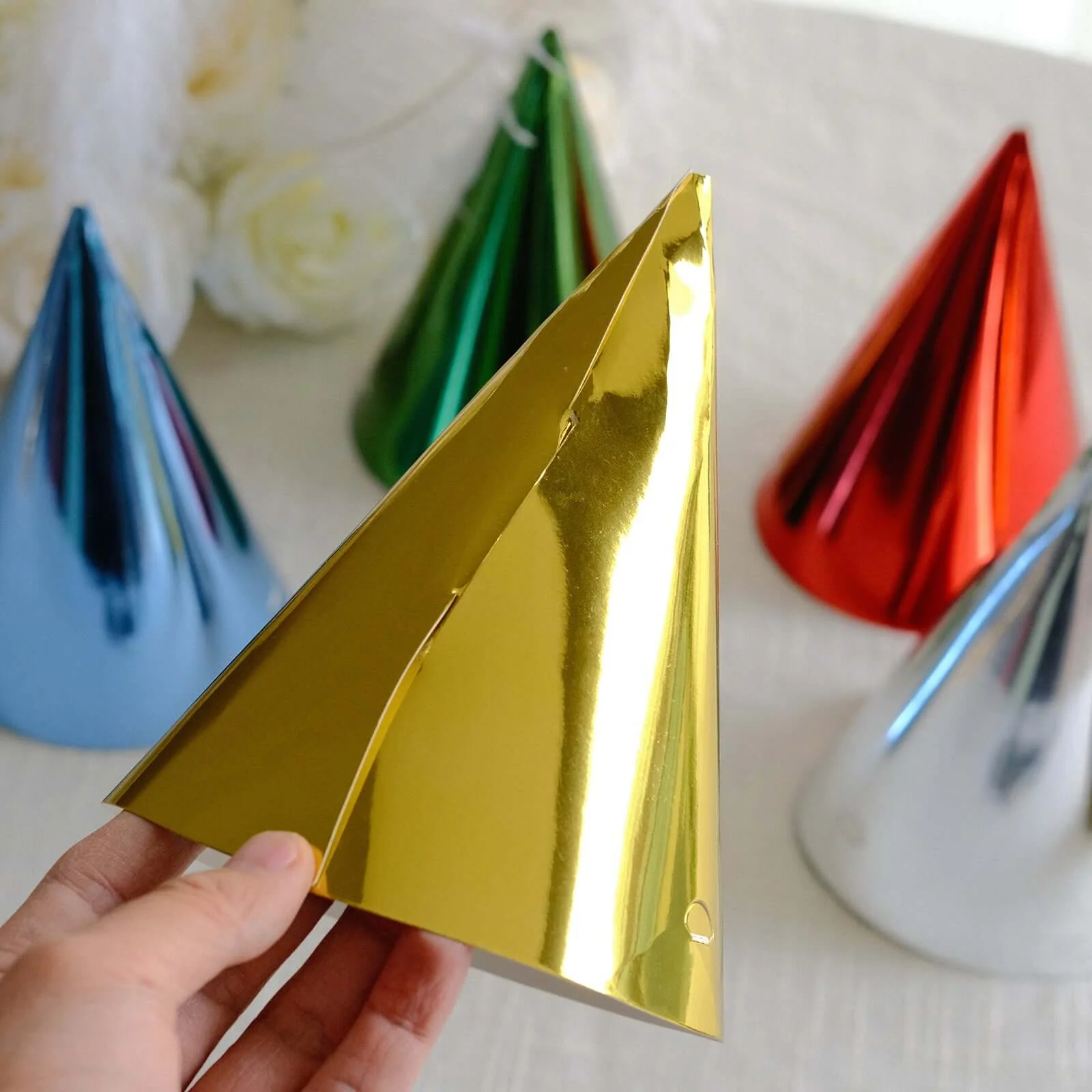 25 Pack Mixed Metallic Foil Party Hats, Pre-Strung Paper Cone Birthday Hats - 5"x7" - Image 2